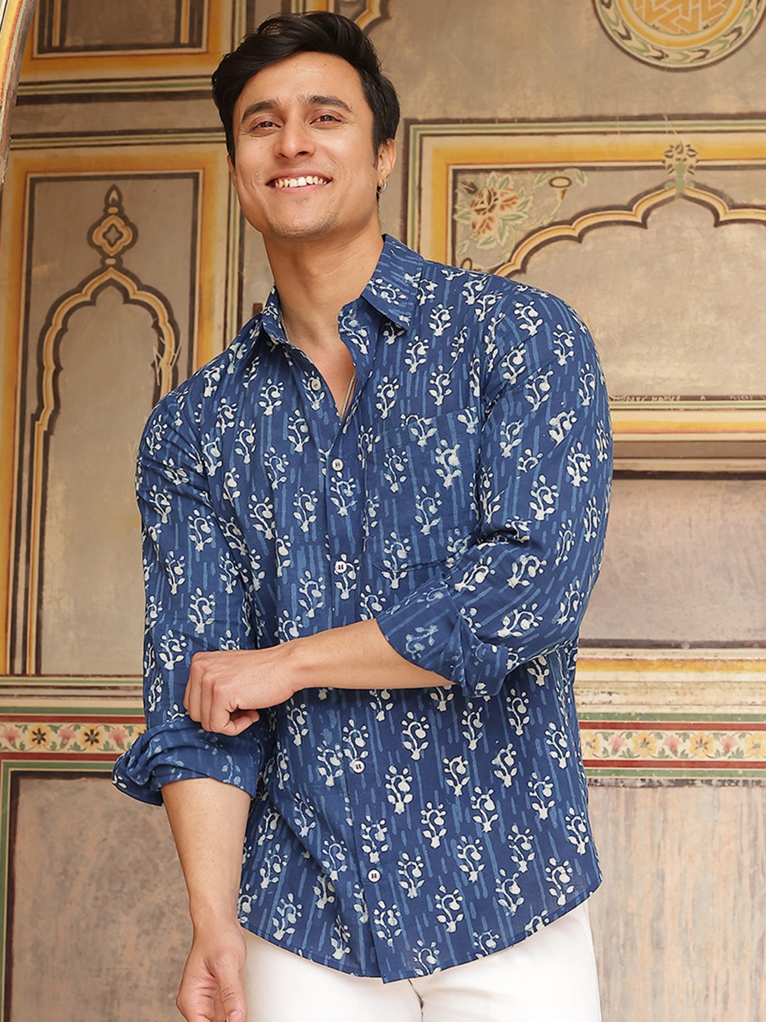 

AKS Ethnic Motifs Printed Spread Collar Cotton Casual Shirt, Blue