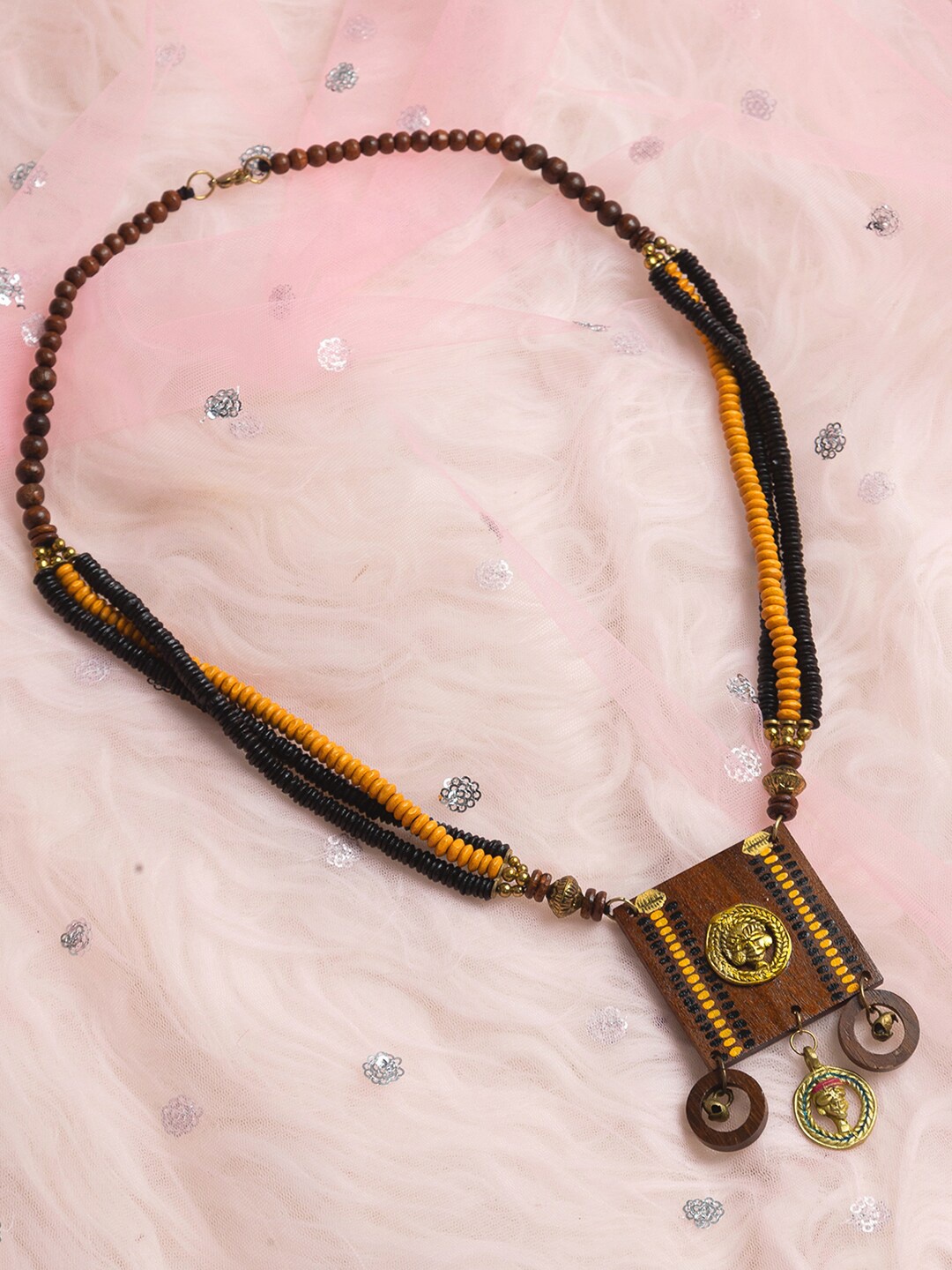 

ExclusiveLane Beaded Sheesham Wooden Necklace, Gold