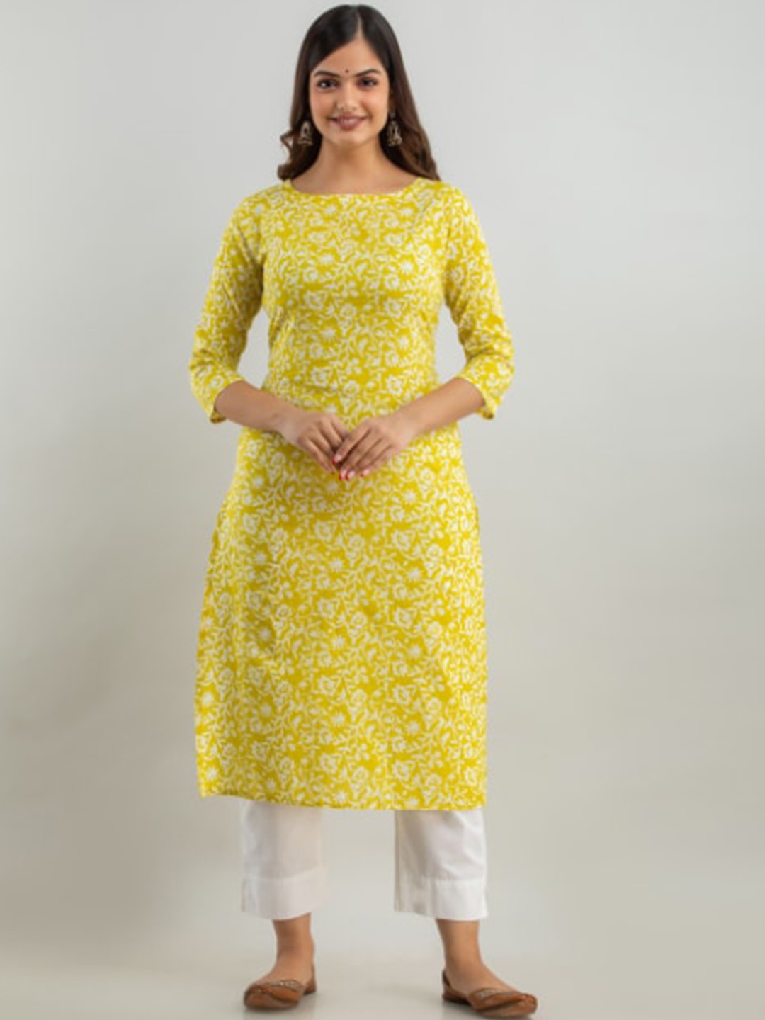 

BAIRAJ Printed Pure Cotton Straight Kurta, Yellow