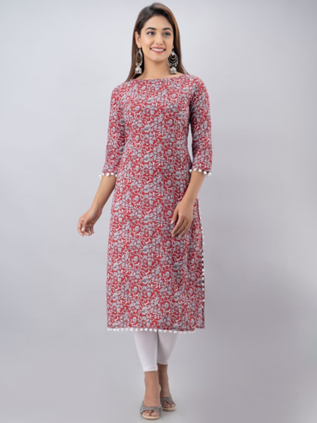 

BAIRAJ Abstract Printed Round Neck Cotton Kurta, Red