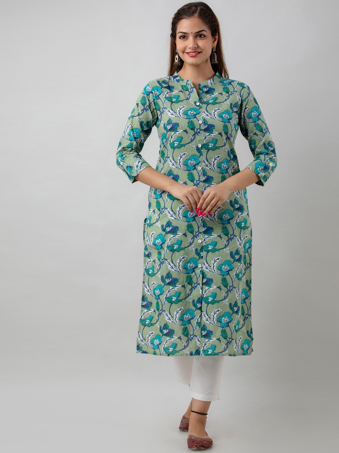 

BAIRAJ Floral Printed Mandarin Collar Pure Cotton Straight Kurta, Green