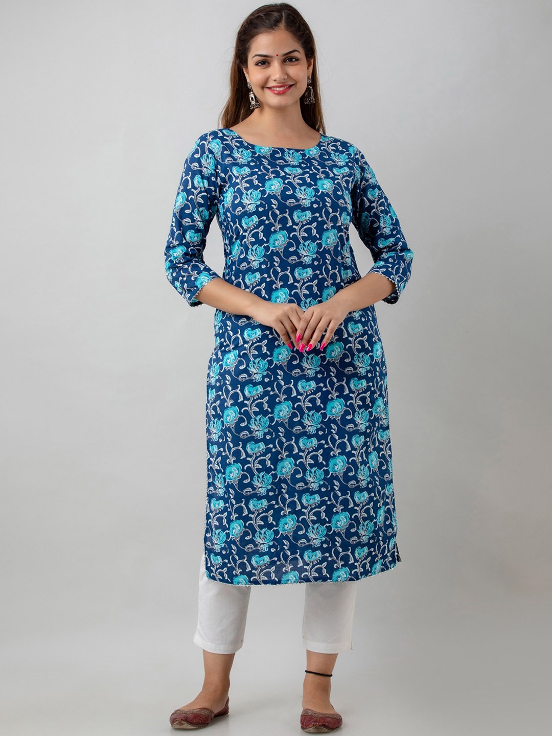 BAIRAJ Floral Printed Boat Neck Pure Cotton Straight Kurta, Blue