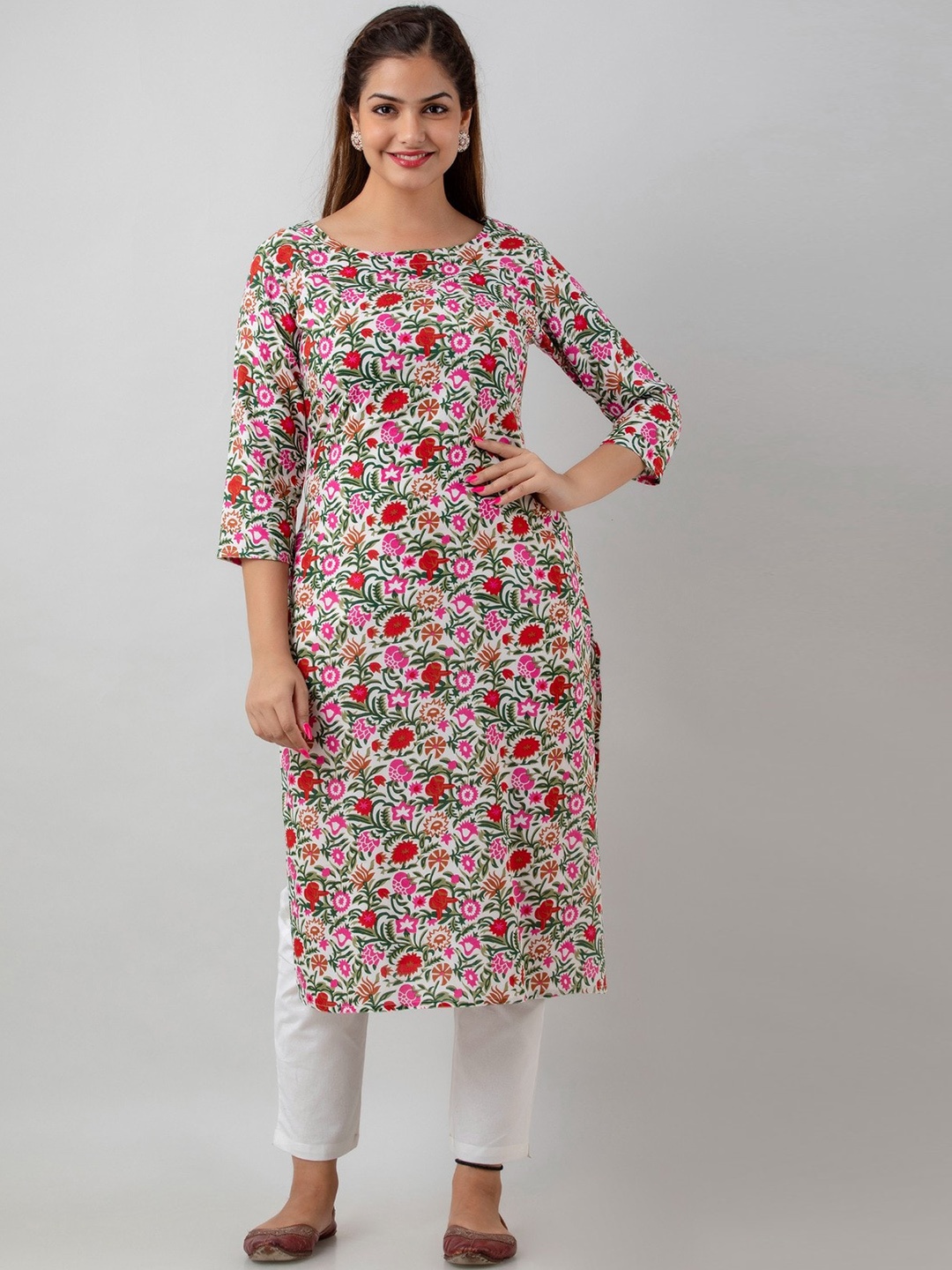 

BAIRAJ Floral Printed Boat Neck Pure Cotton Straight Kurta, Cream
