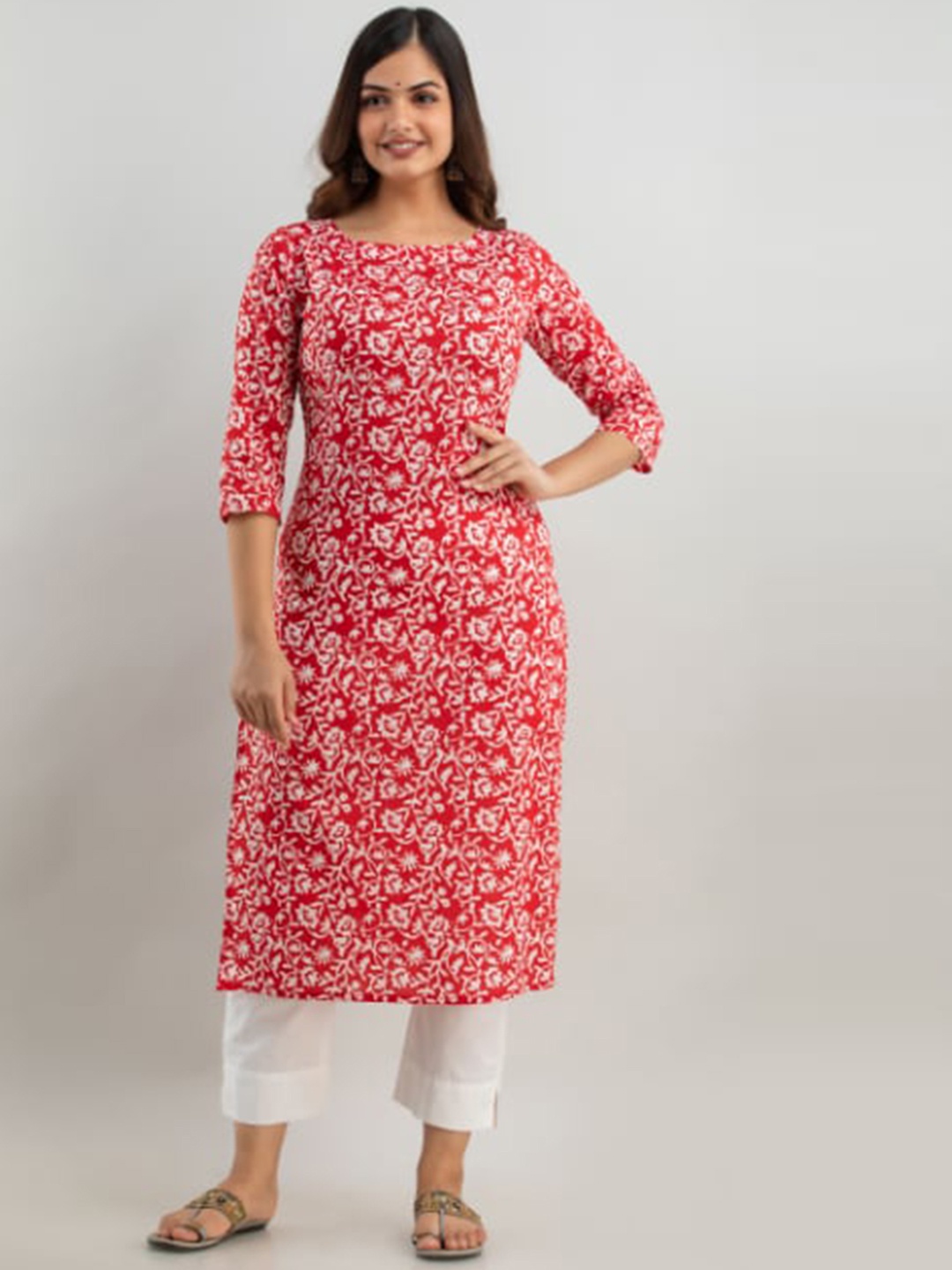 

BAIRAJ Yoke Design Cotton Thread Work Floral Anarkali Kurta, Red