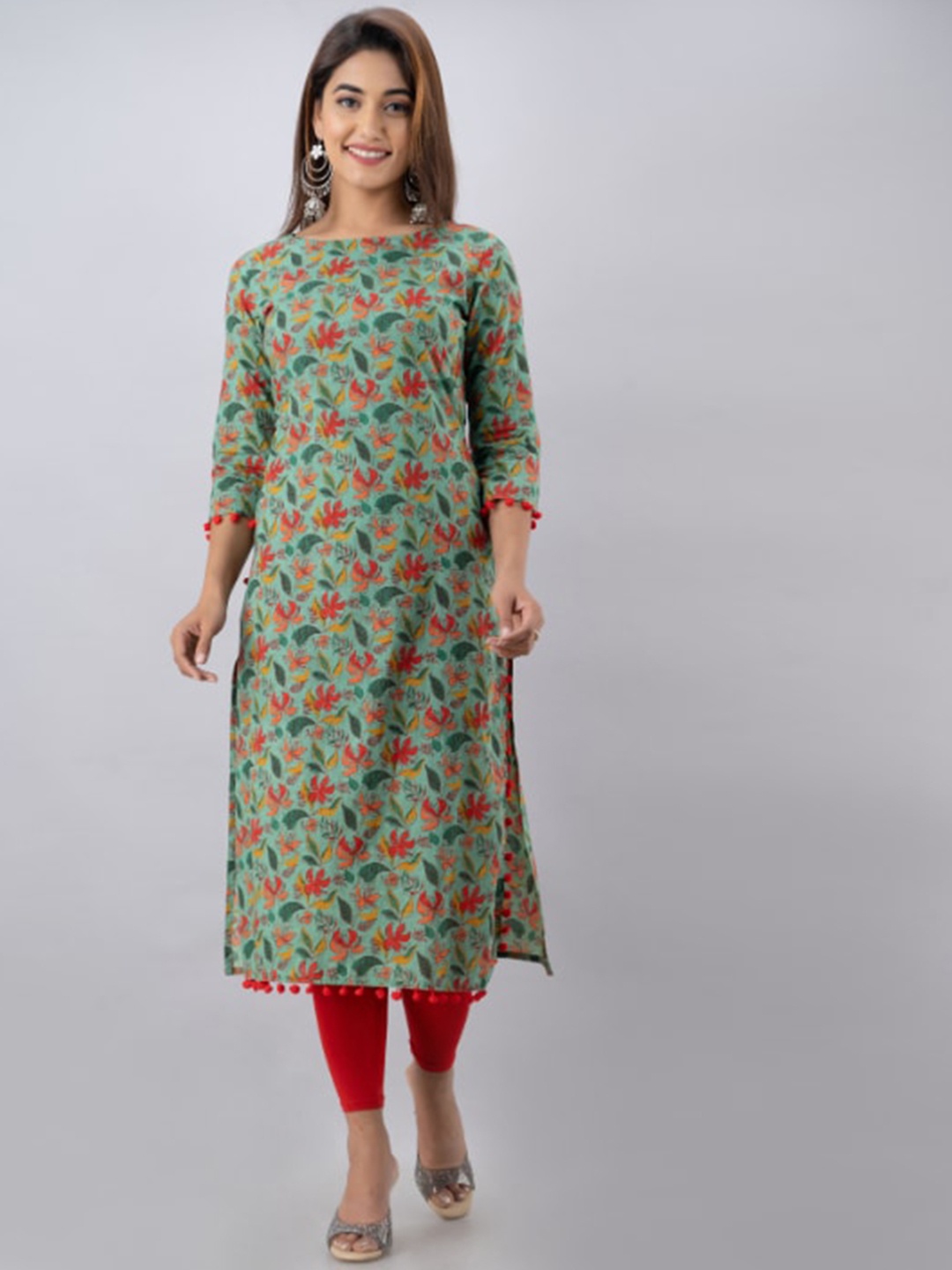 BAIRAJ Printed Pure Cotton Straight Kurta, Green