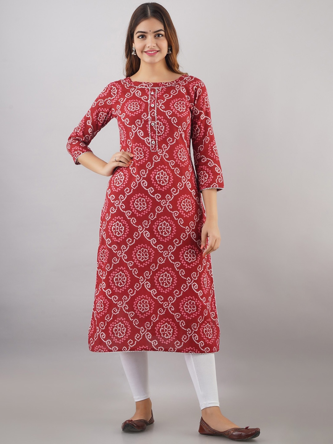 

BAIRAJ Ethnic Motifs Printed Thread Work Pure Cotton Straight Kurta, Red