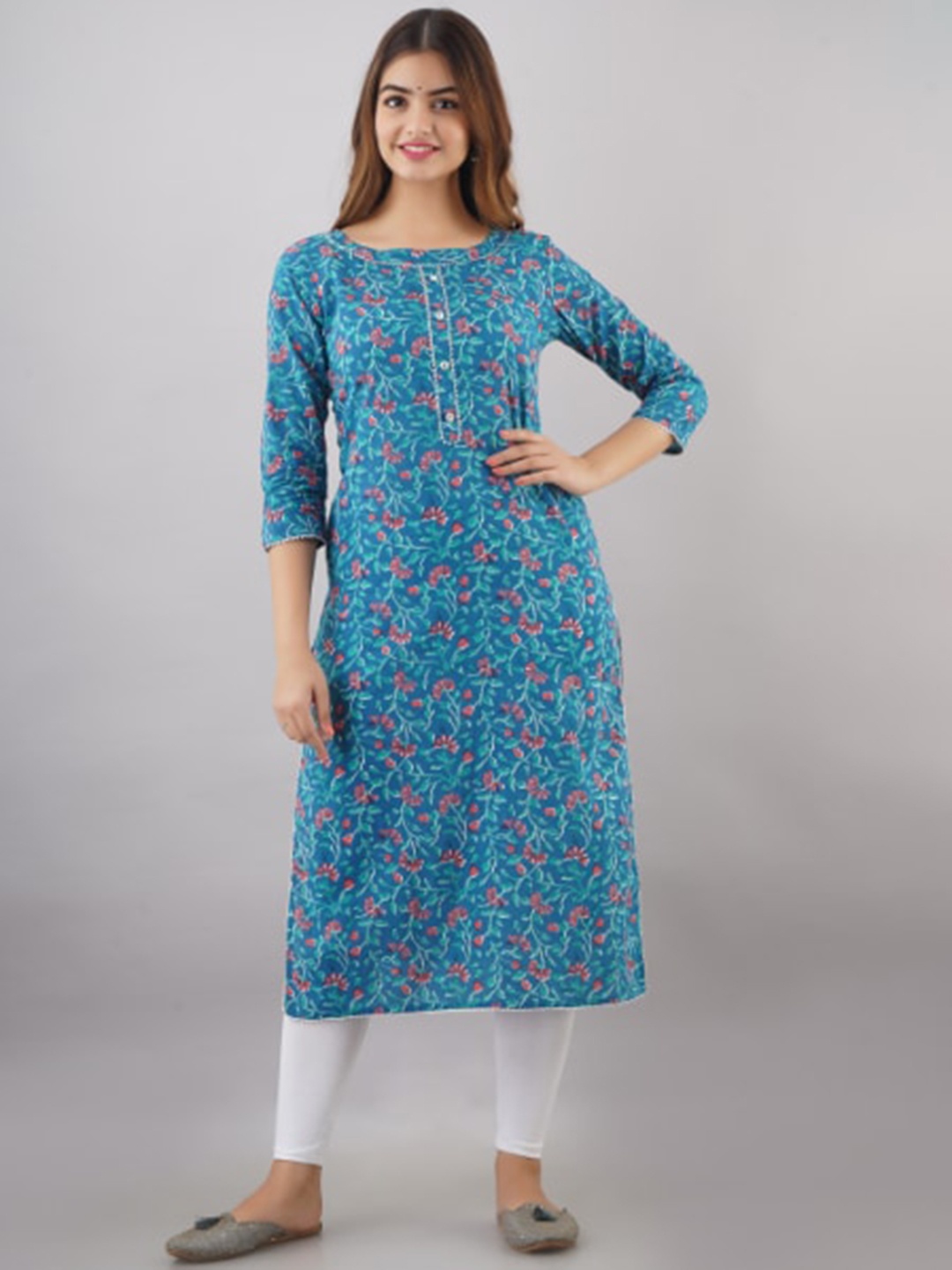 

BAIRAJ Floral Printed Round Neck Cotton Gotta Patti Kurta, Blue