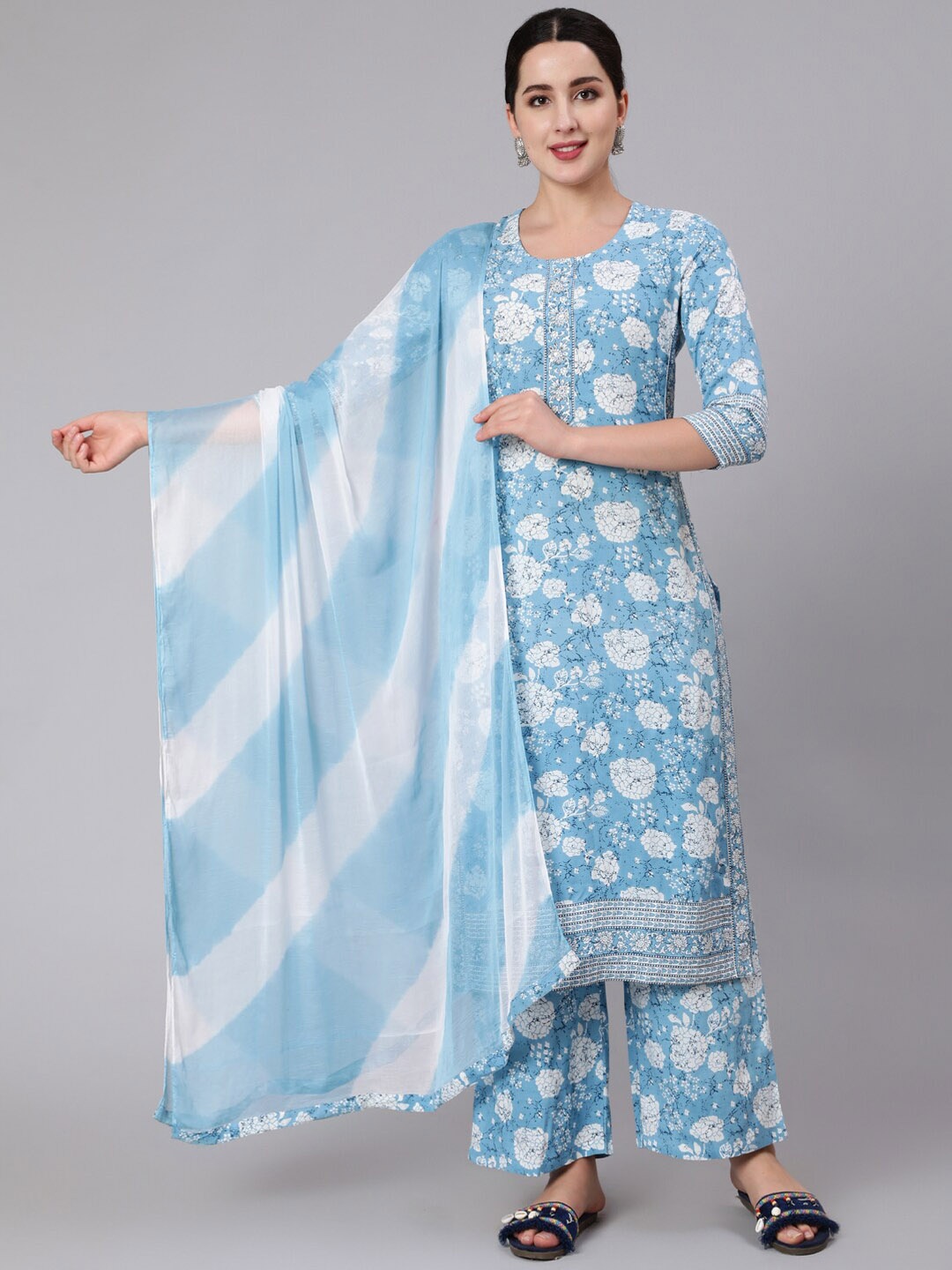 

GULMOHAR JAIPUR Floral Printed Straight Kurta with Palazzos & Dupatta, Blue