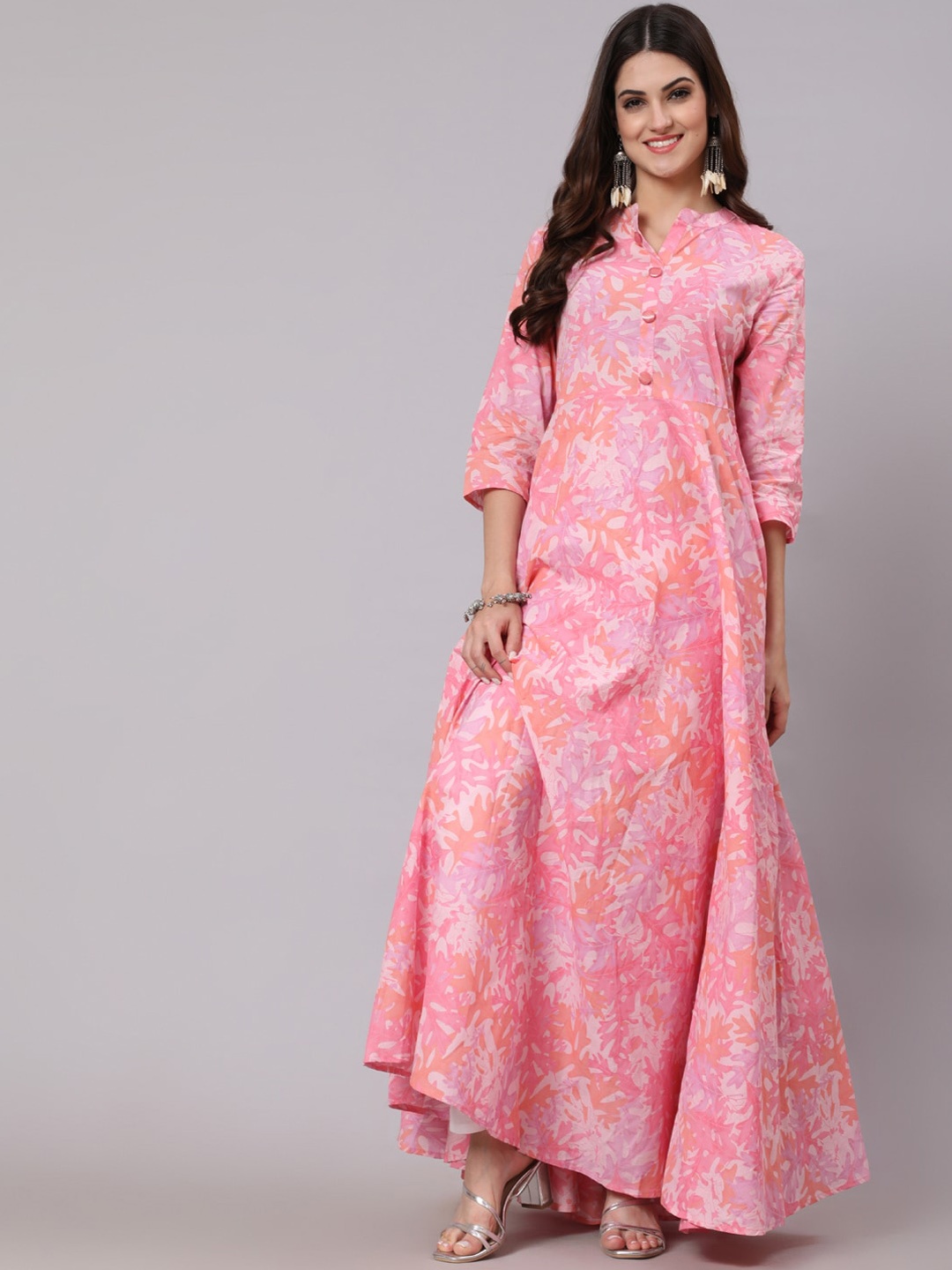 

GULMOHAR JAIPUR Floral Printed Mandarin Collar Cotton Anarkali Kurta, Pink