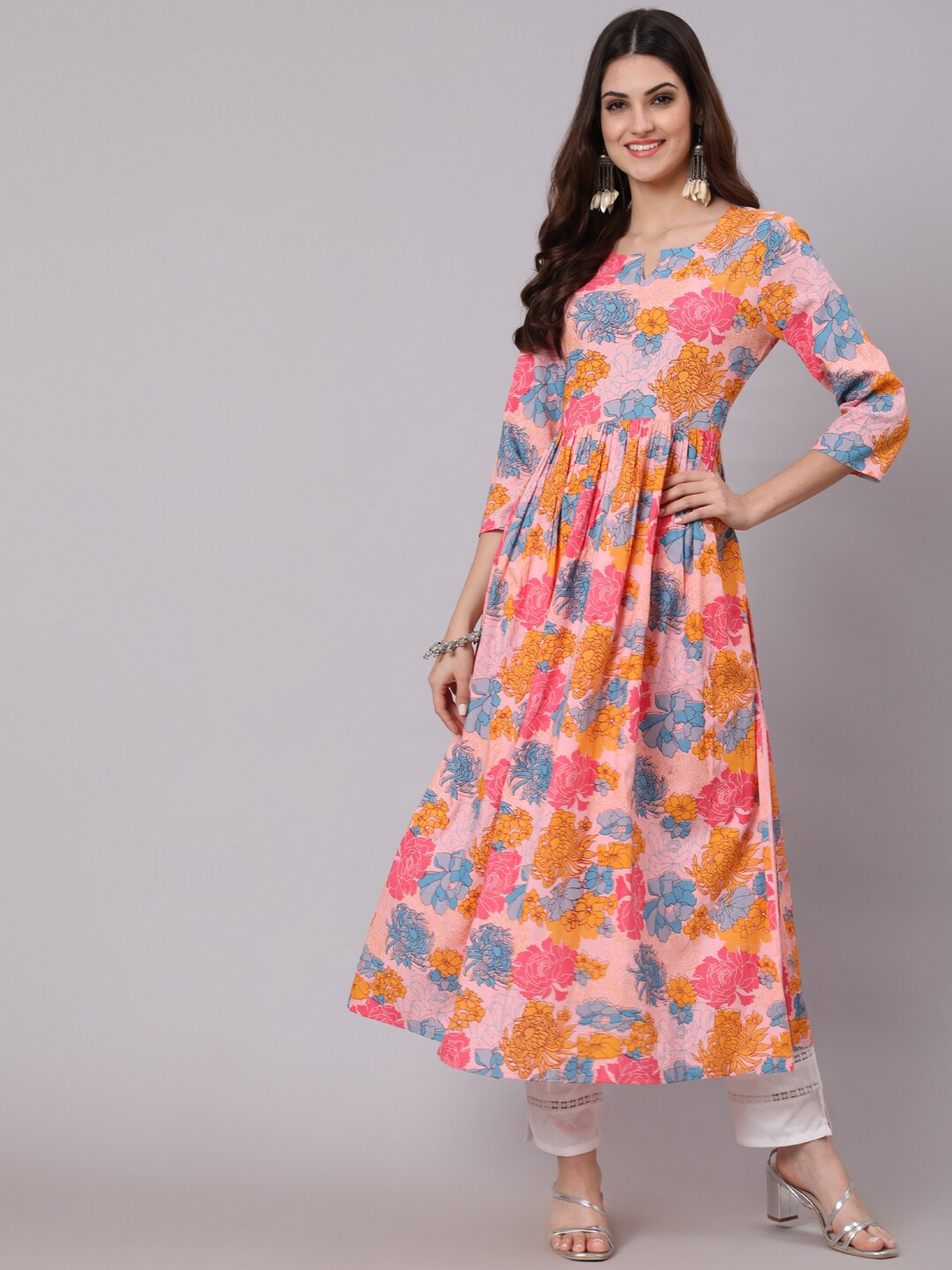 

GULMOHAR JAIPUR Floral Printed Flared Tiered Thread Work Anarkali Kurta, Pink