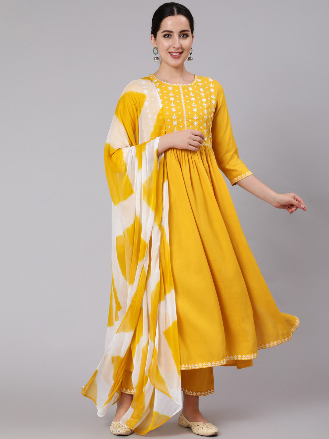 

GULMOHAR JAIPUR Floral Yoke Design Empire Thread Work Kurta With Trousers & Dupatta, Mustard