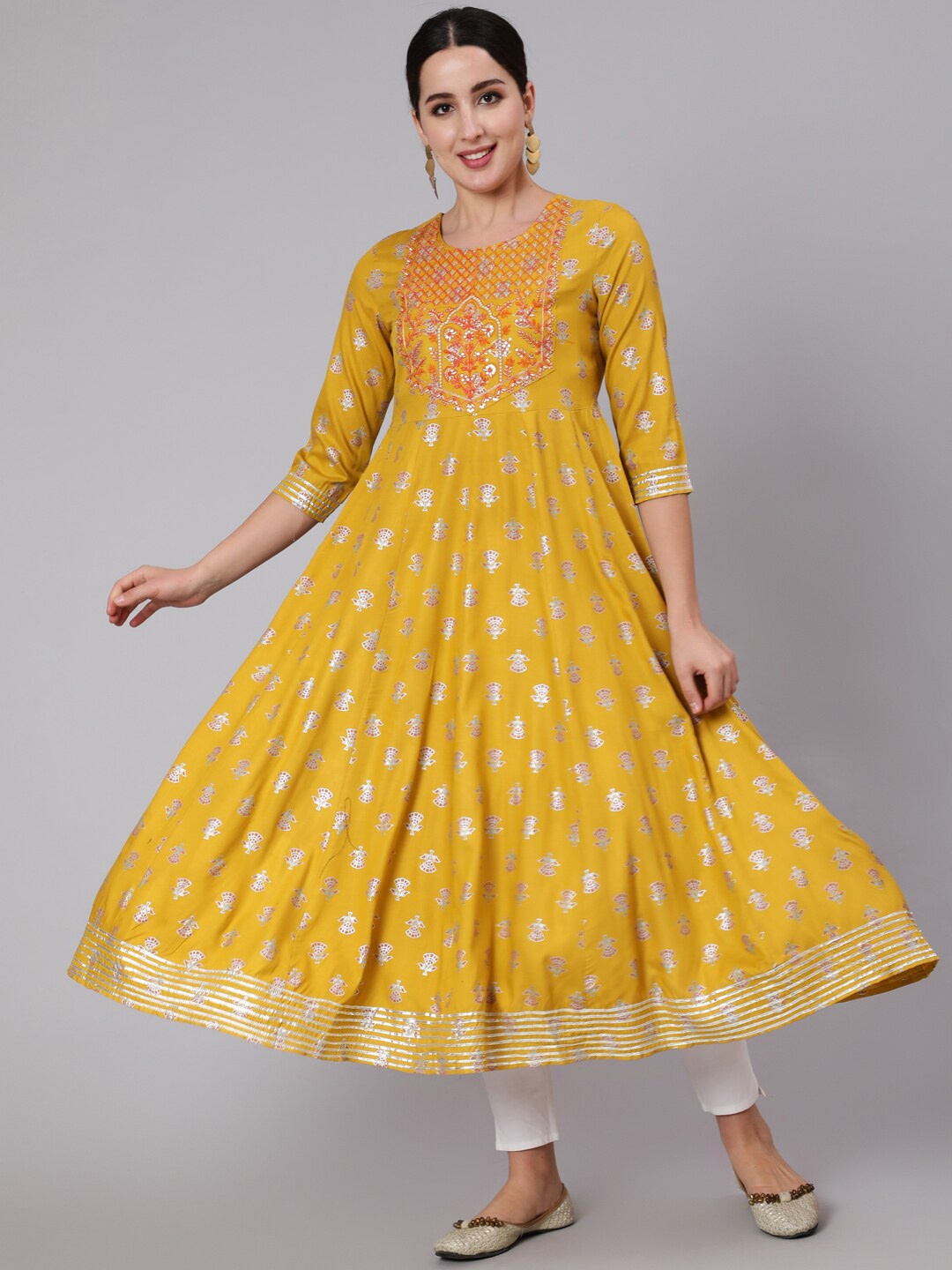 GULMOHAR JAIPUR Floral Printed Sequenced Anarkali Kurta, Mustard