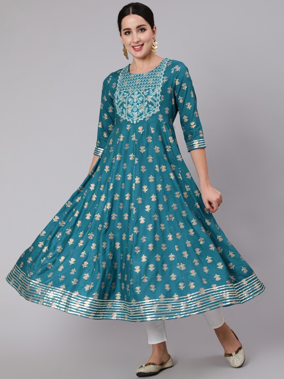 

GULMOHAR JAIPUR Ethnic Motifs Printed Round Neck Thread Work Anarkali Kurta, Teal