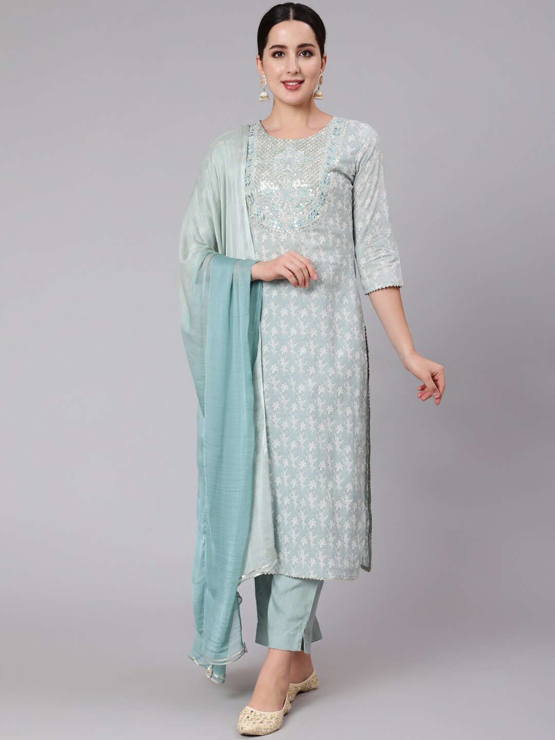 

GULMOHAR JAIPUR Floral Printed Sequinned Straight Kurta with Trousers & Dupatta, Grey