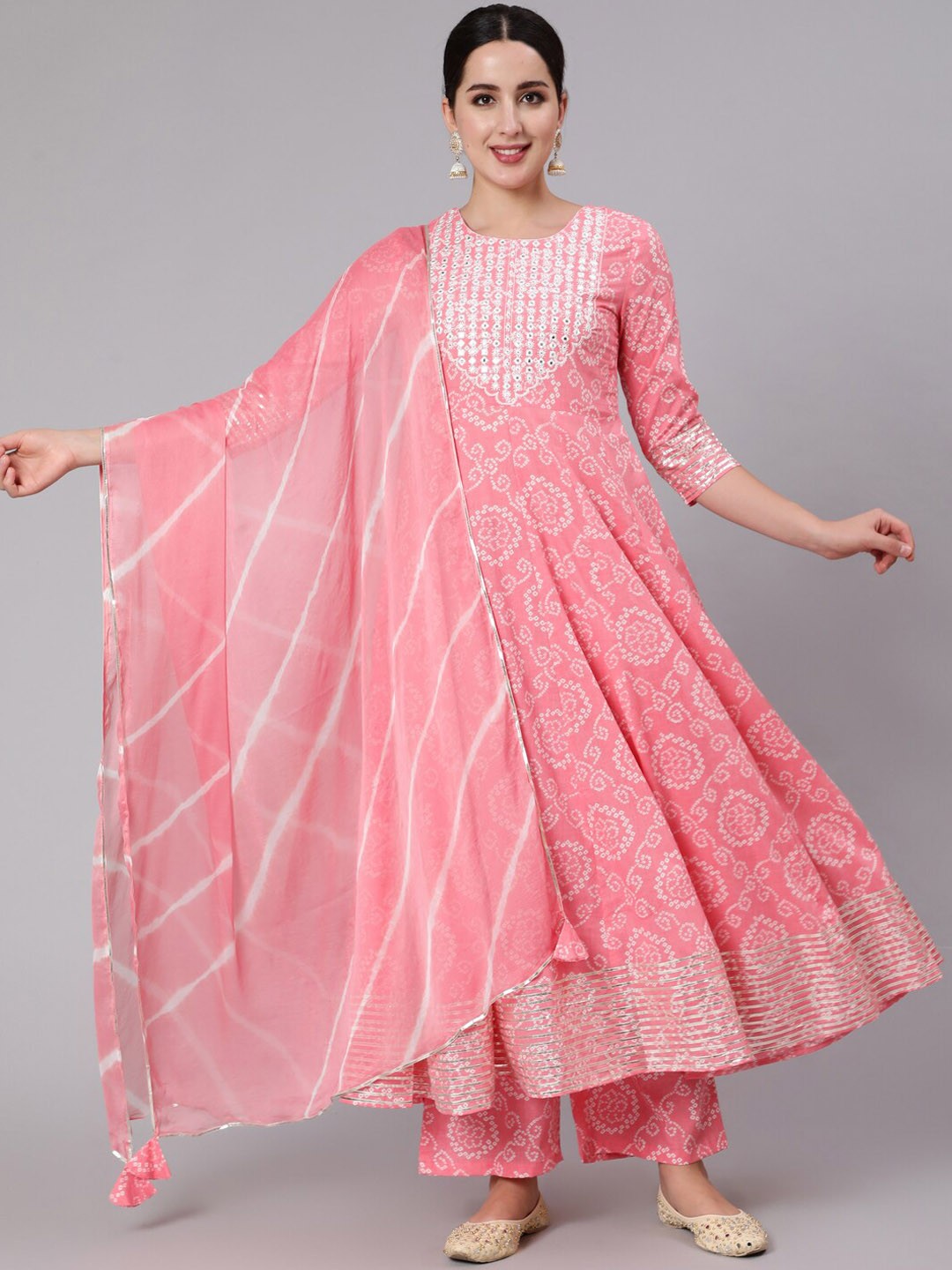 

GULMOHAR JAIPUR Bandhani Printed Mirror Work Pure Cotton Kurta With Palazzos & Dupatta, Pink