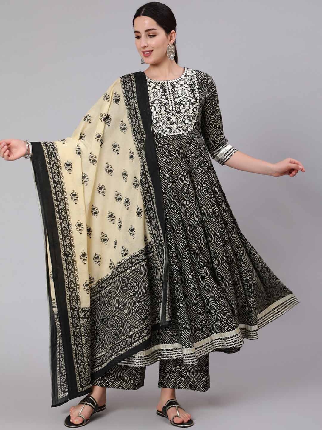 

GULMOHAR JAIPUR Bandhani Printed Pleated Pure Cotton Kurta With Palazzos & Dupatta, Black