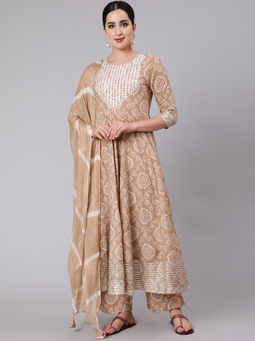

GULMOHAR JAIPUR Bandhani Printed Mirror Work Pure Cotton Kurta With Palazzos & Dupatta, Beige