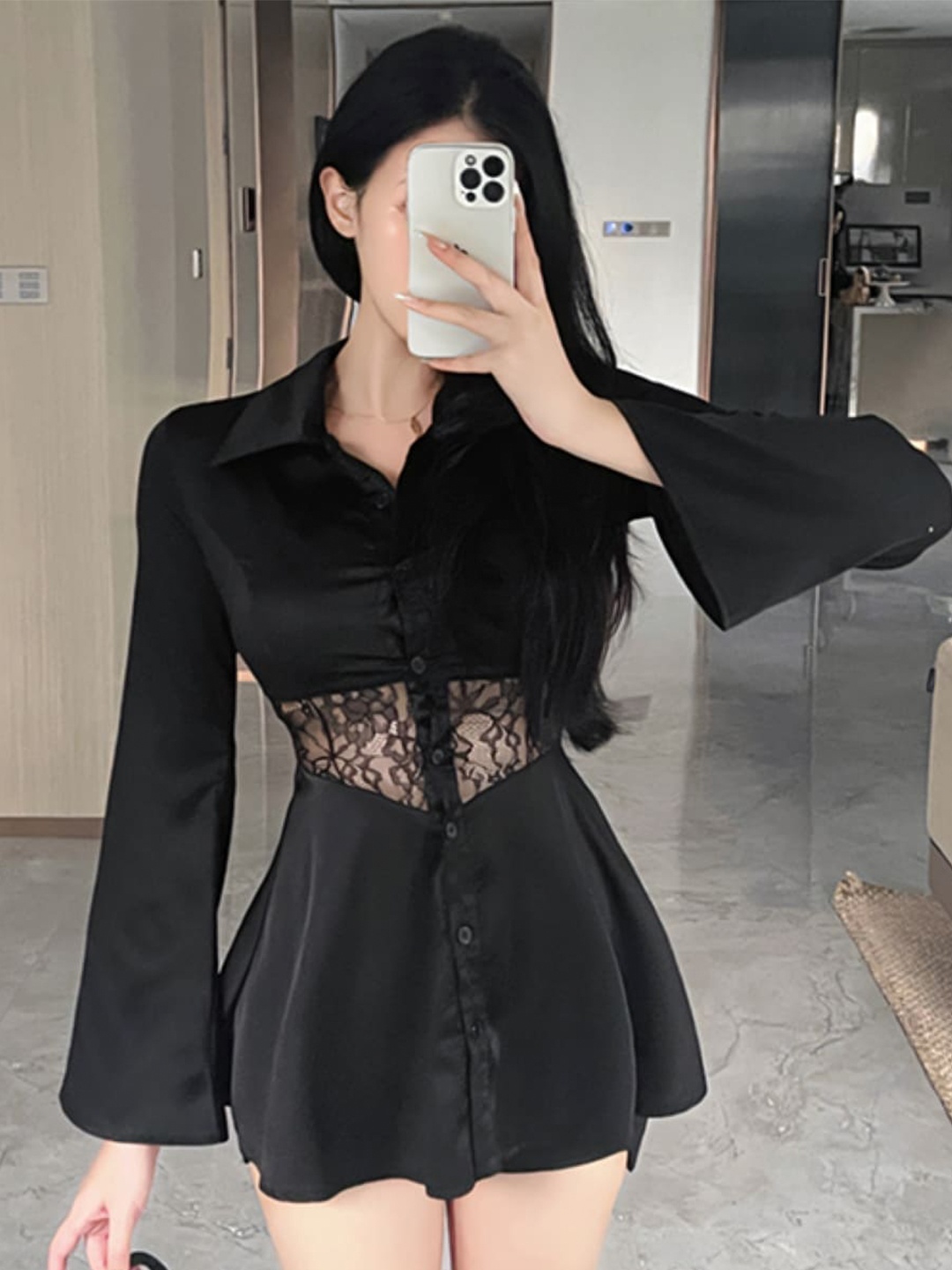 

Stylecast X KPOP Shirt Collar Long Bell Sleeve Shirt Style Top, Black