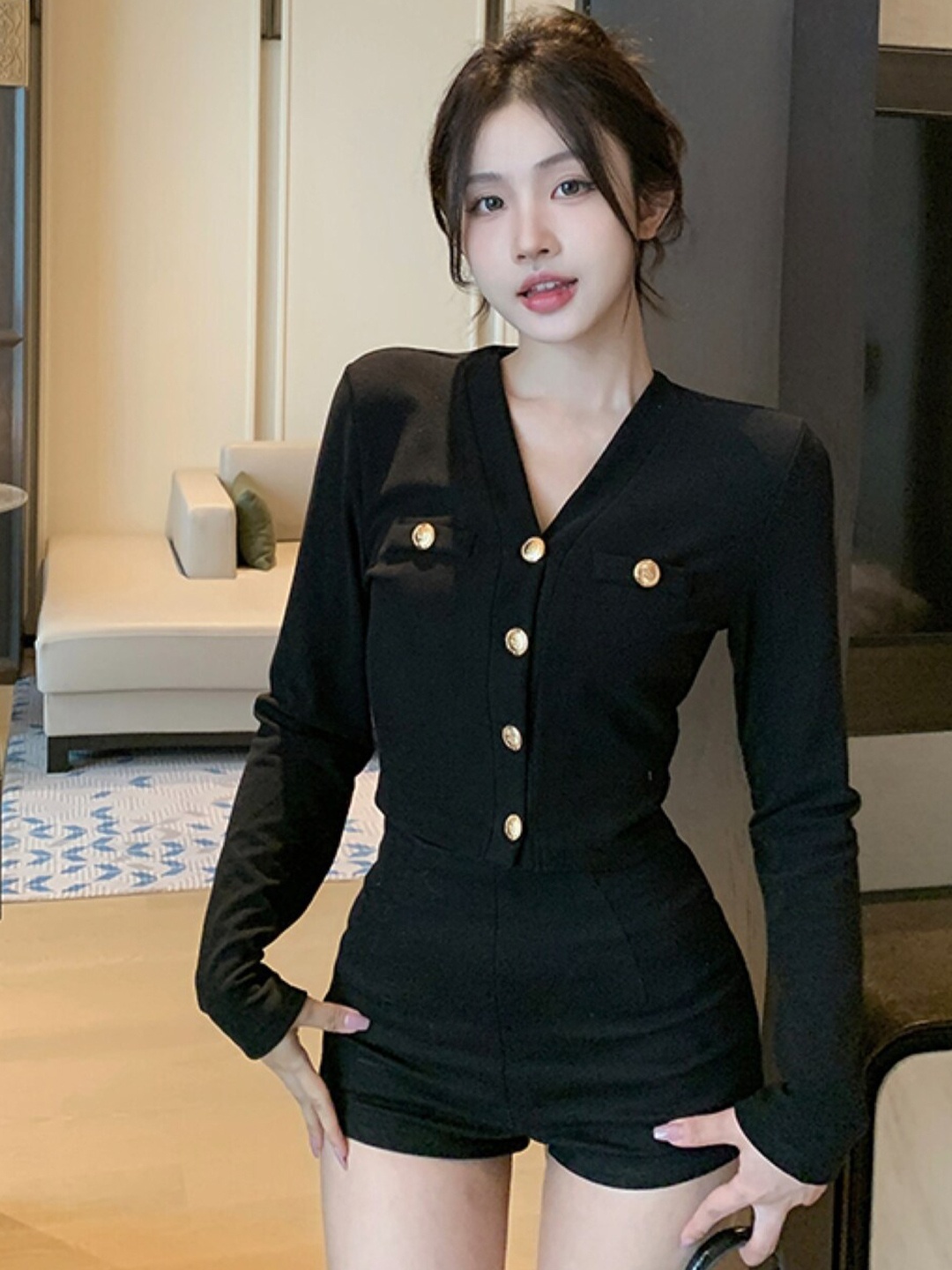 

Stylecast X KPOP V Neck Long Sleeves Regular Top, Black