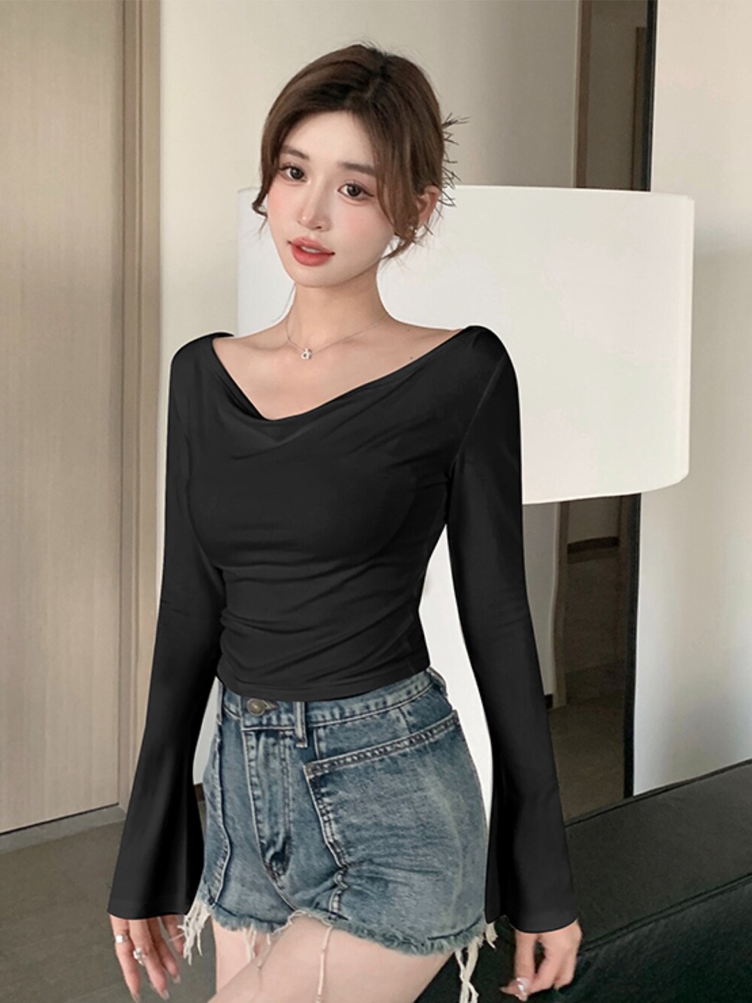

Stylecast X KPOP V Neck Long Bell Sleeves Regular Top, Black
