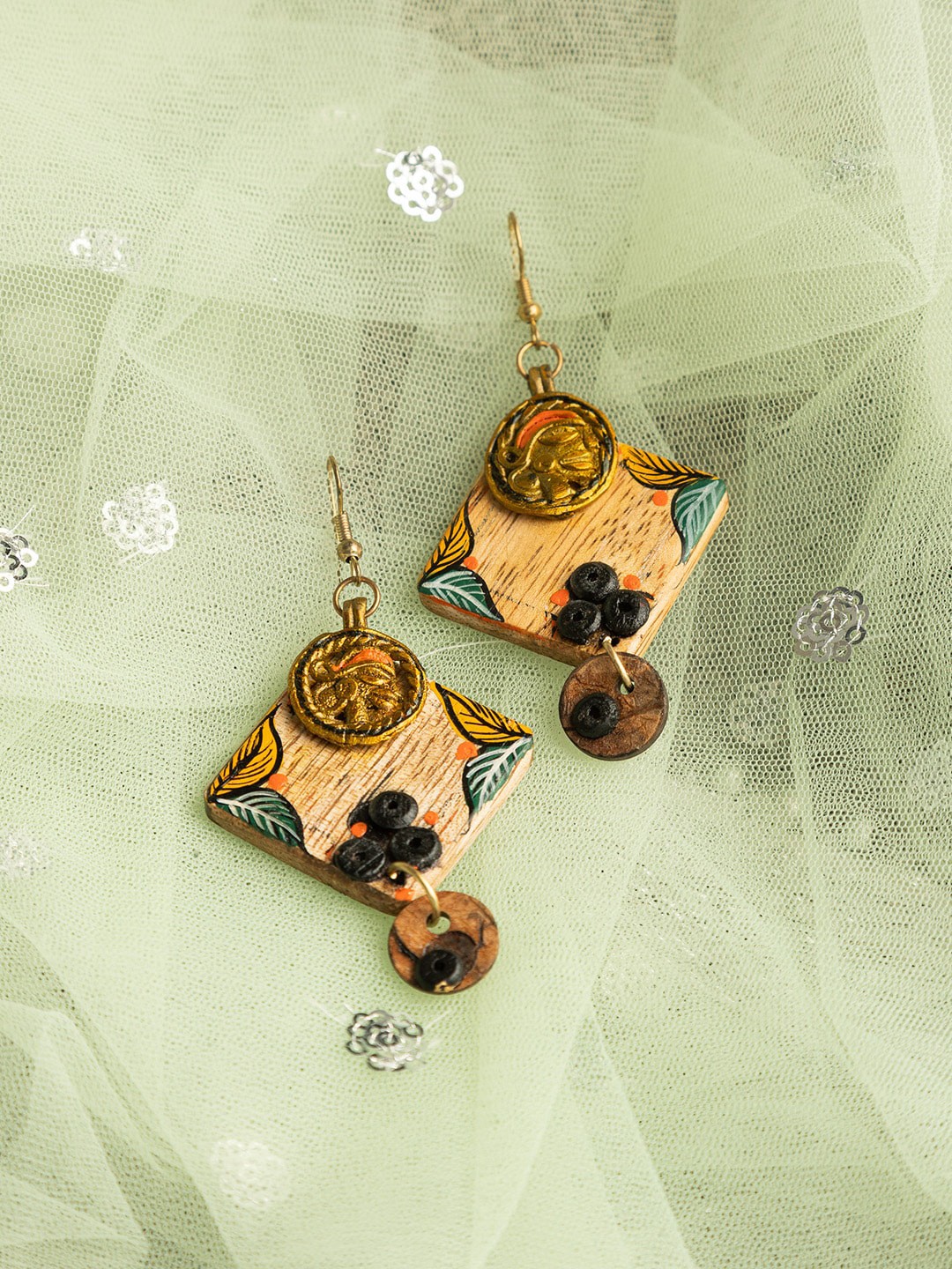 

ExclusiveLane Wood Diamond Shaped Tribal Drop Earrings, Brown