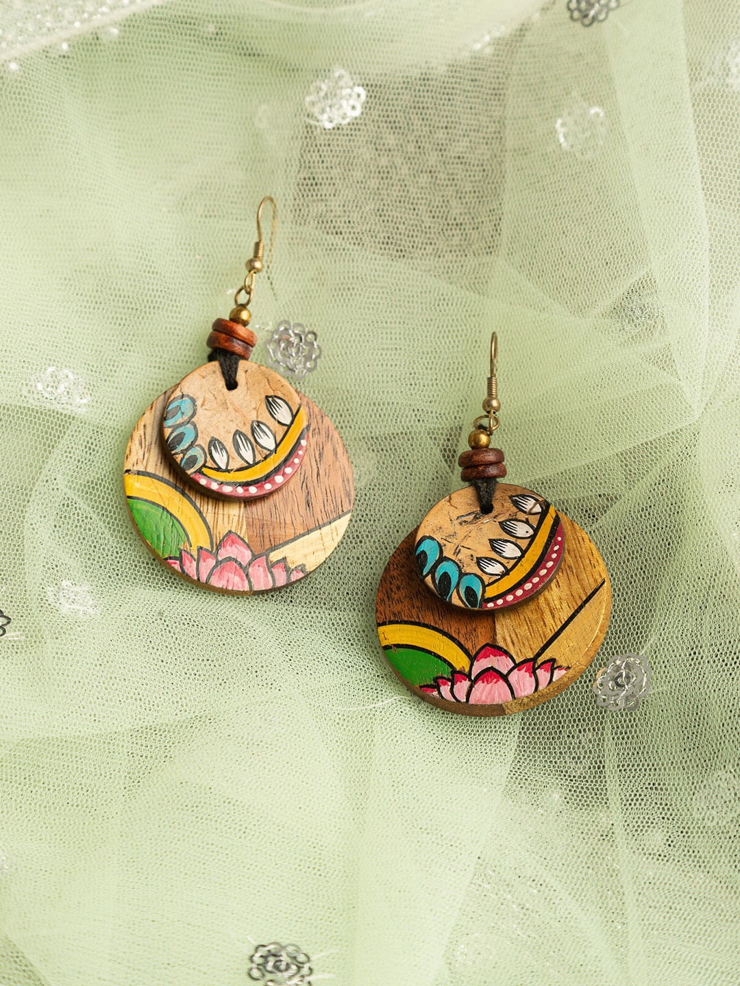 

ExclusiveLane Wood Beaded Circular Lotus Petal Bohemian Drop Earrings, Brown