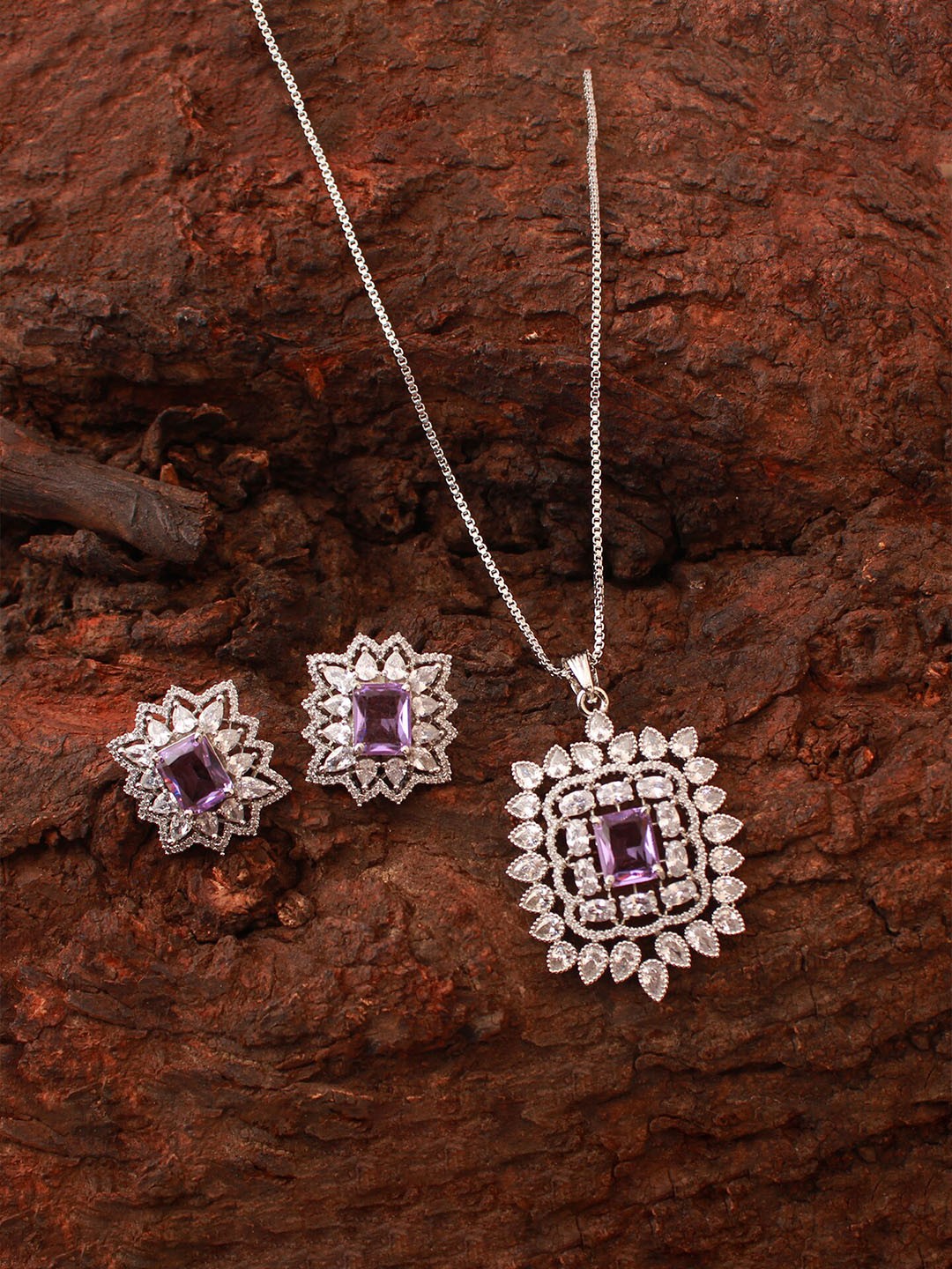 

Mirana Rhodium Plated Cubic Zirconia Studded Pendant Set, Silver