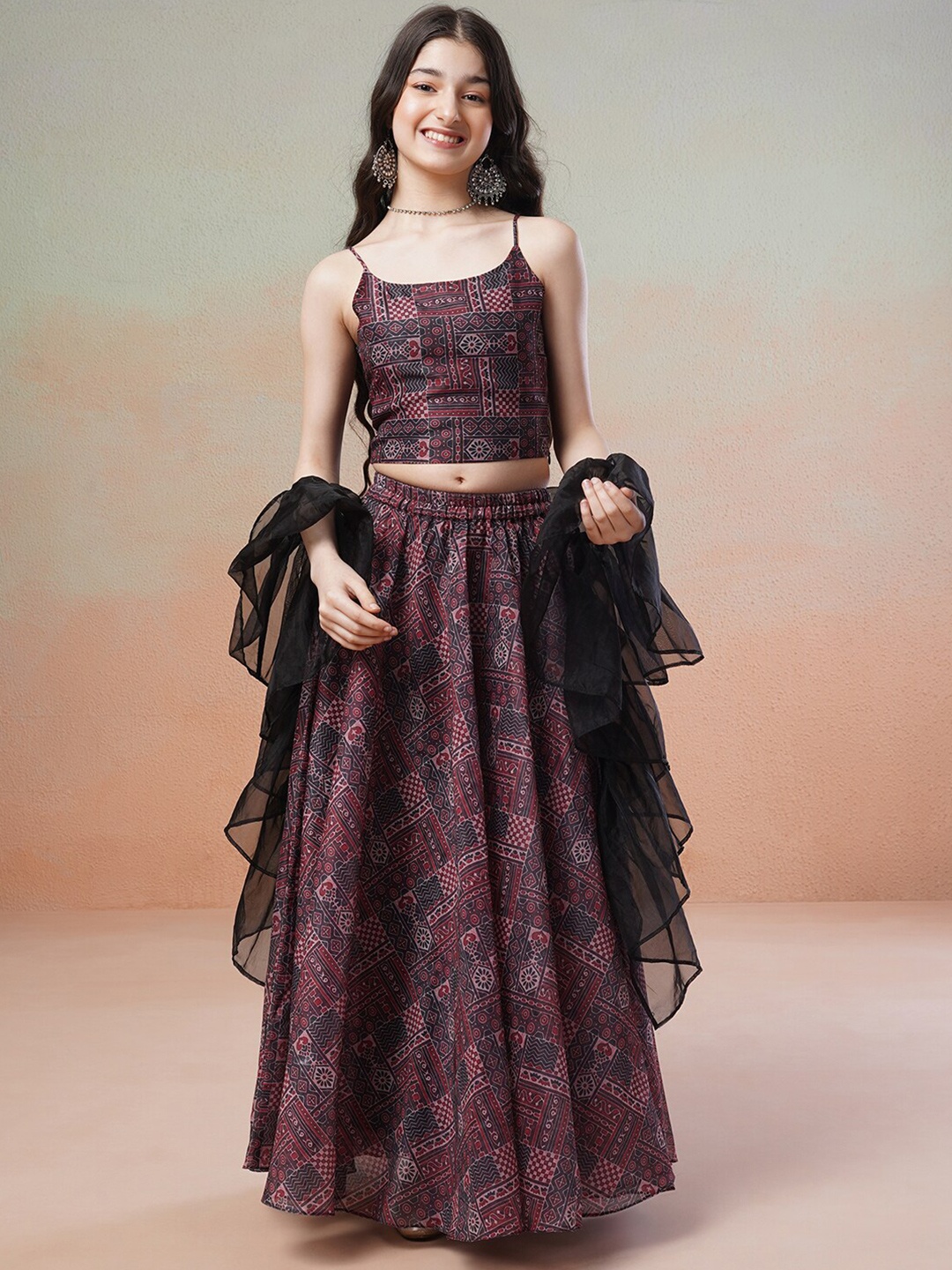 

Inddus Girls Printed Ready to Wear Lehenga & Blouse With Dupatta, Maroon