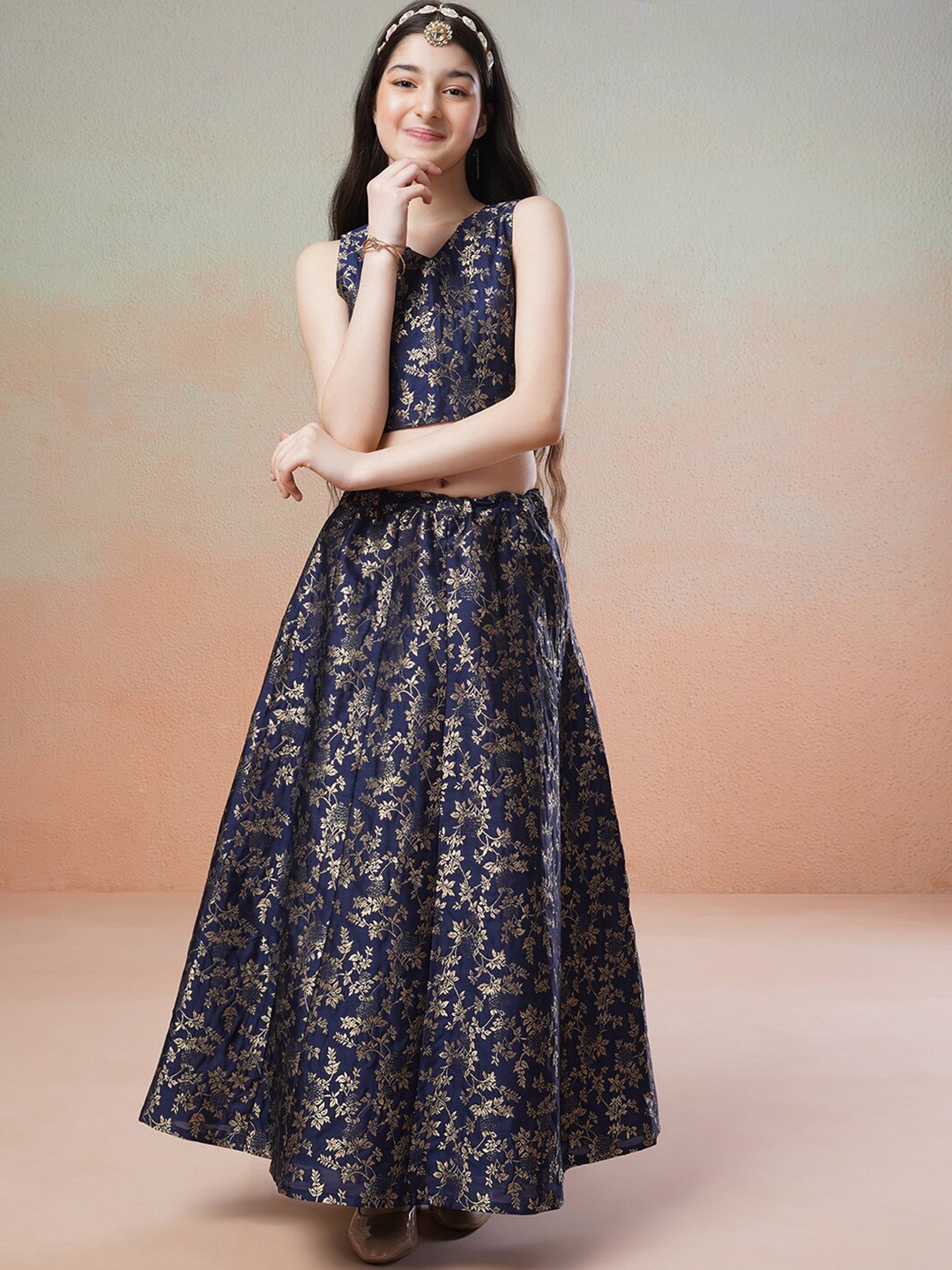 

Inddus Girls Woven Design Ready to Wear Lehenga & Blouse, Navy blue