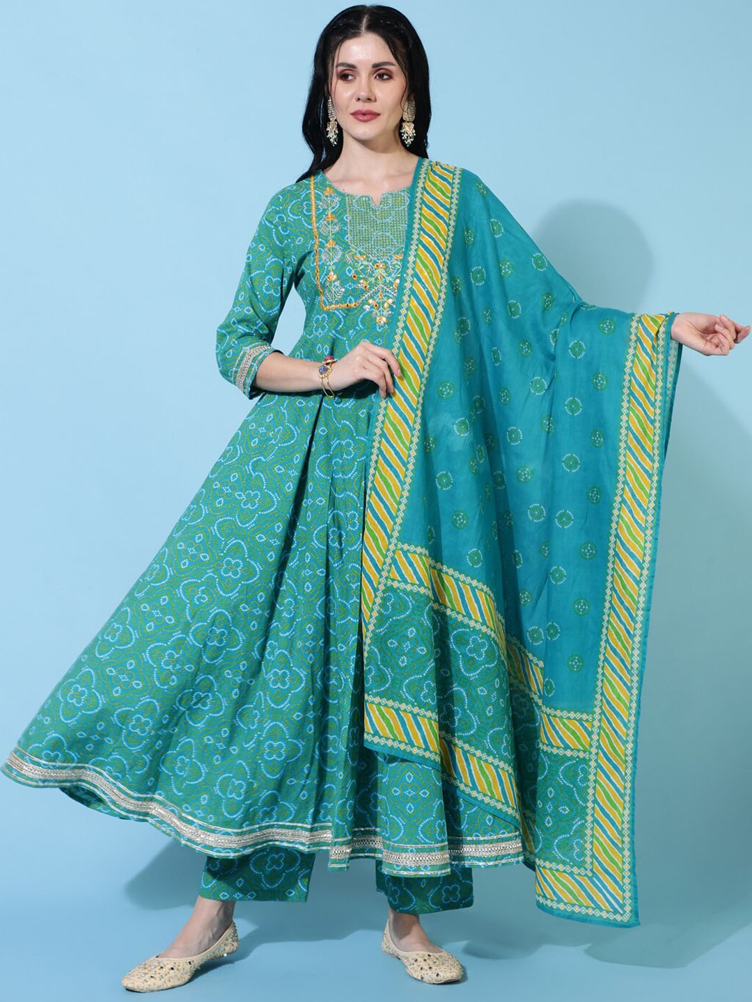 

GULMOHAR JAIPUR Bandhani Printed Thread Work Pure Cotton Kurta with Palazzos & Dupatta, Turquoise blue