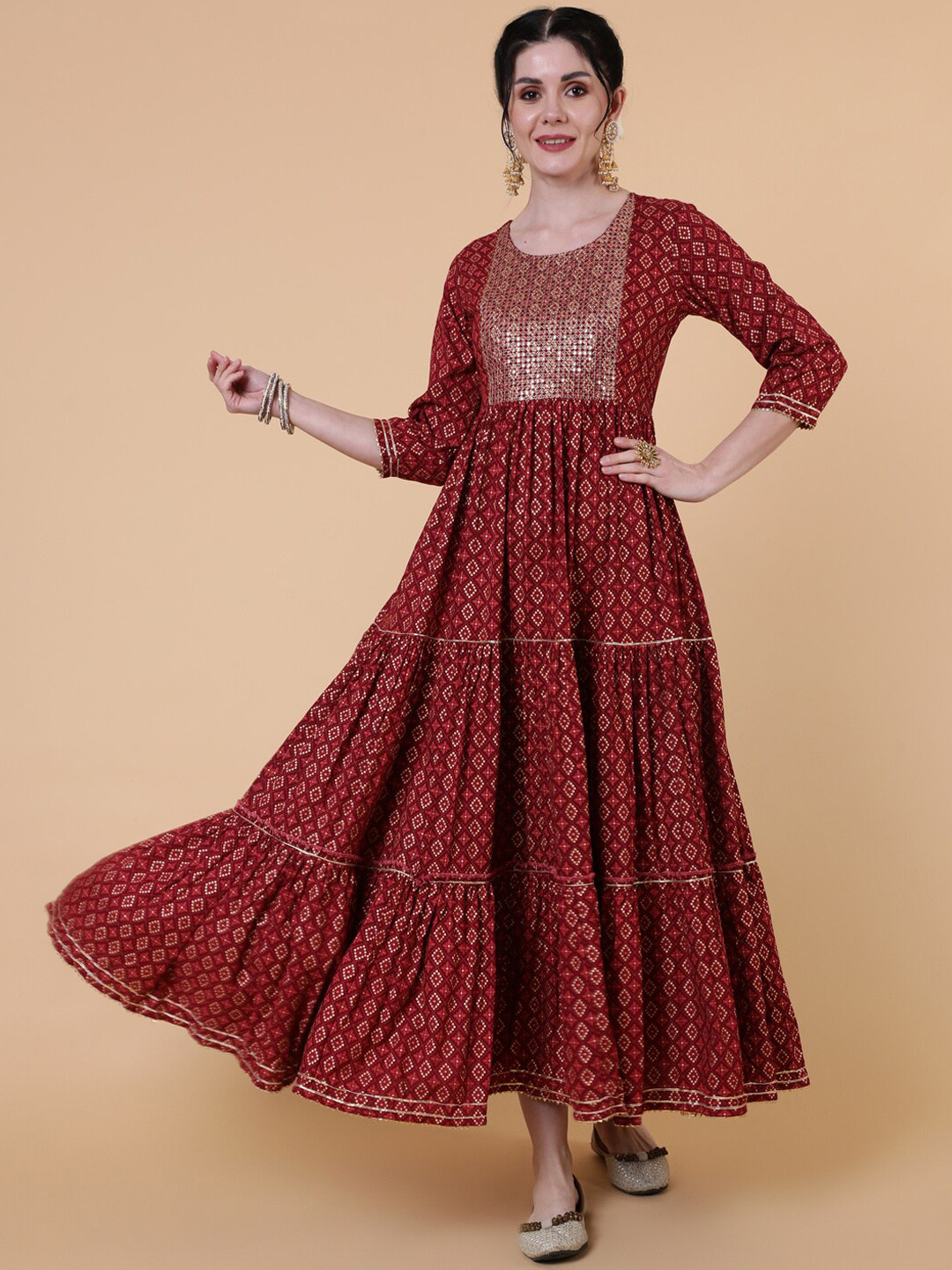 

GULMOHAR JAIPUR Geometric Printed Sequenced Anarkali Kurta, Maroon