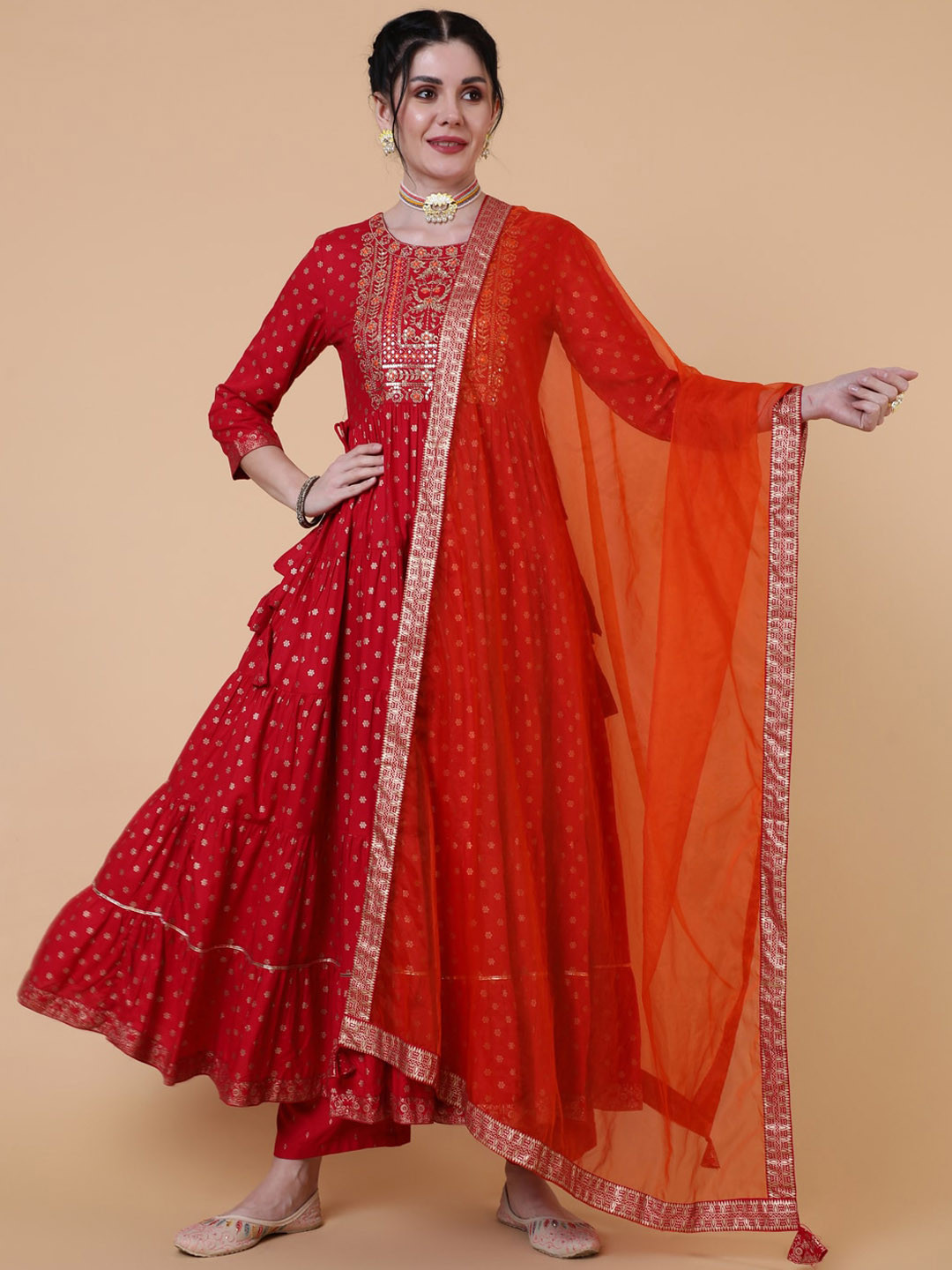 

GULMOHAR JAIPUR Floral Printed Round Neck Gotta Patti Anarkali Kurta With Dupatta, Coral