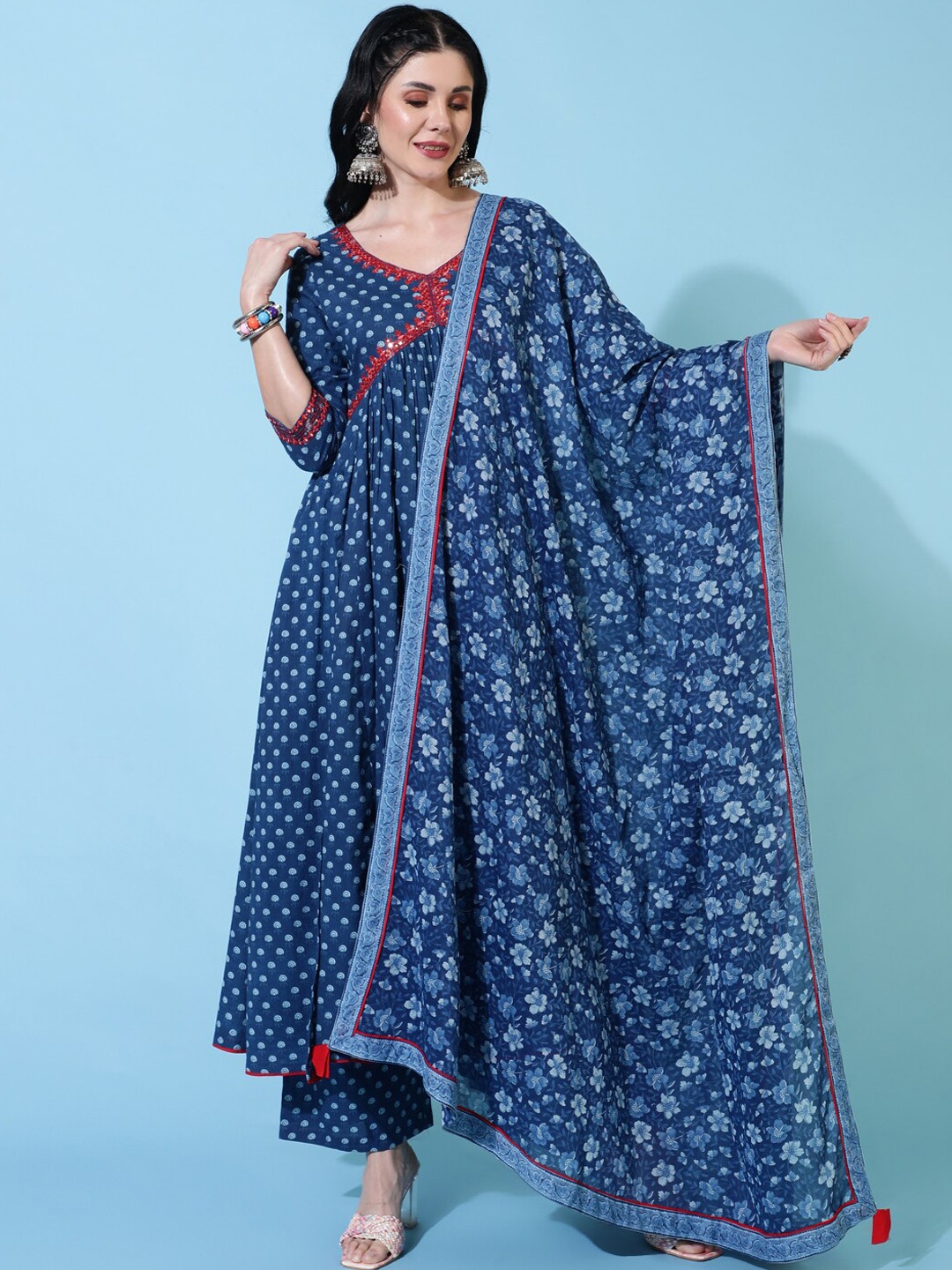 

GULMOHAR JAIPUR Bandhani Printed Pleated Pure Cotton Kurta With Palazzos & Dupatta, Blue