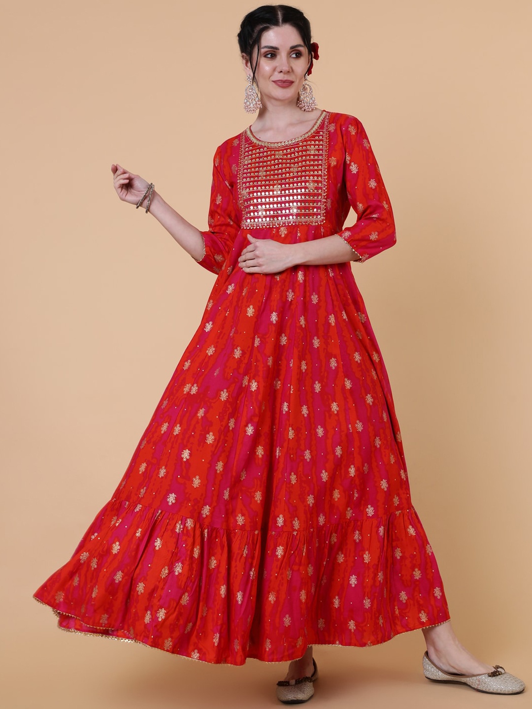 

GULMOHAR JAIPUR Woven Design Yoke Design Straight Anarkali Kurta, Red