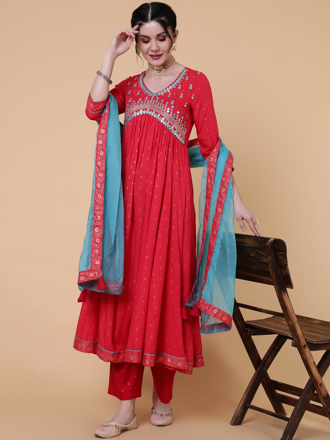 

GULMOHAR JAIPUR Ethnic Motifs Printed Empire Mirror Work Kurta With Palazzos & Dupatta, Red