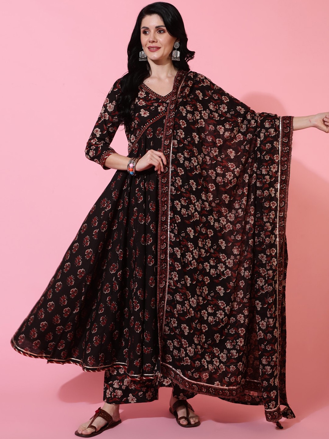 

GULMOHAR JAIPUR Floral Printed Pure Cotton Kurta & Palazzos With Dupatta, Black