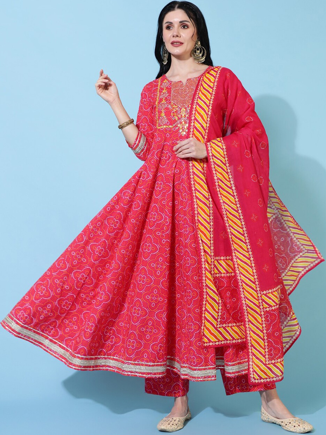 

GULMOHAR JAIPUR Bandhani Printed Pleated Gotta Patti Pure Cotton Kurta Set With Dupatta, Pink