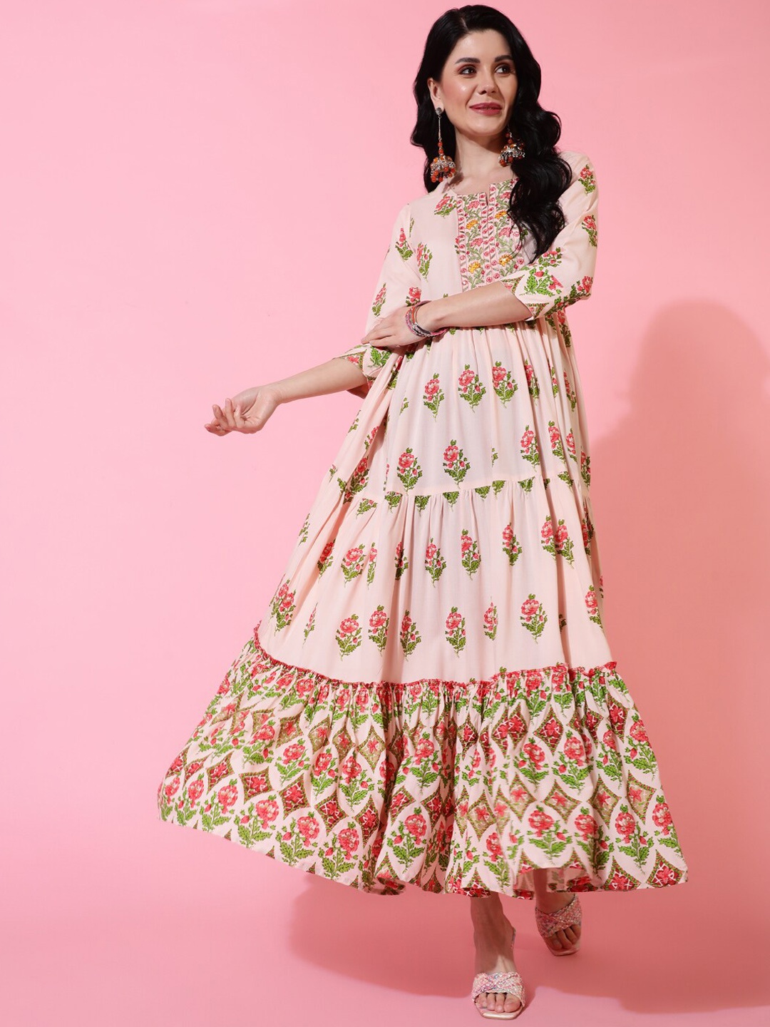 

GULMOHAR JAIPUR Floral Printed Embroidered Anarkali Kurta, Pink