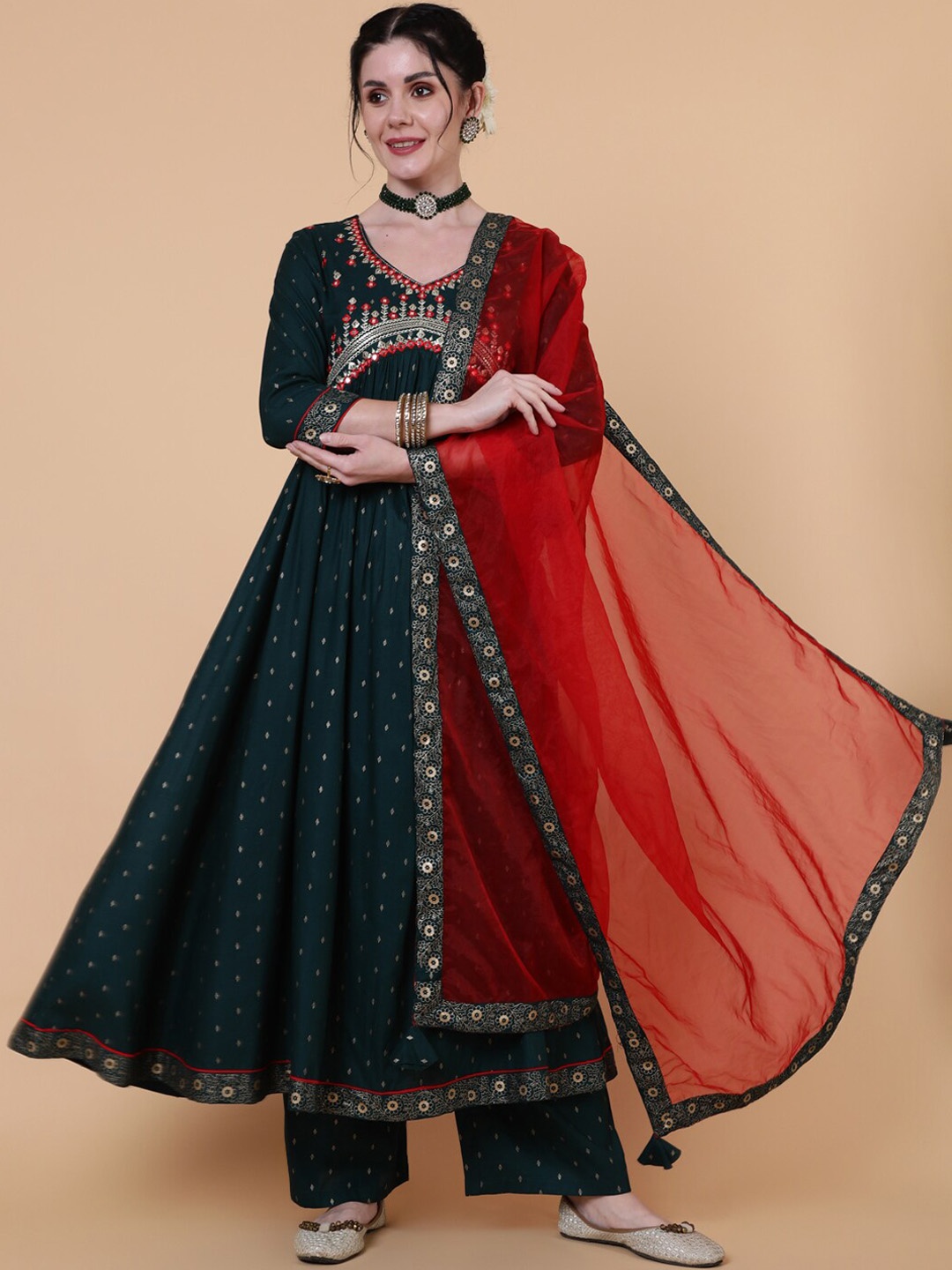 

GULMOHAR JAIPUR Floral Printed V-Neck Mirror Work Anarkali Kurta with Palazzos & Dupatta, Green