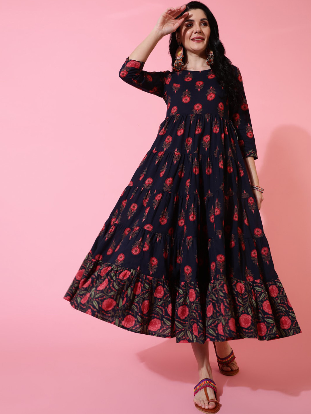 

GULMOHAR JAIPUR Floral Printed Cotton Anarkali Kurta, Navy blue