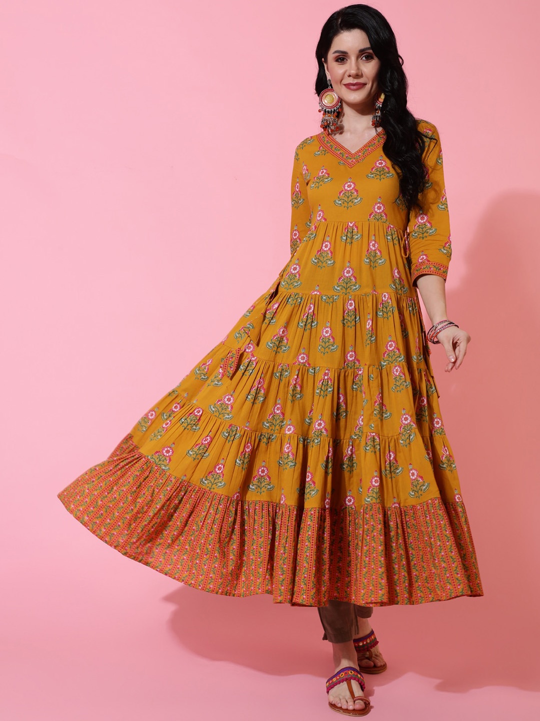 

GULMOHAR JAIPUR Floral Printed Cotton Anarkali Kurta, Mustard