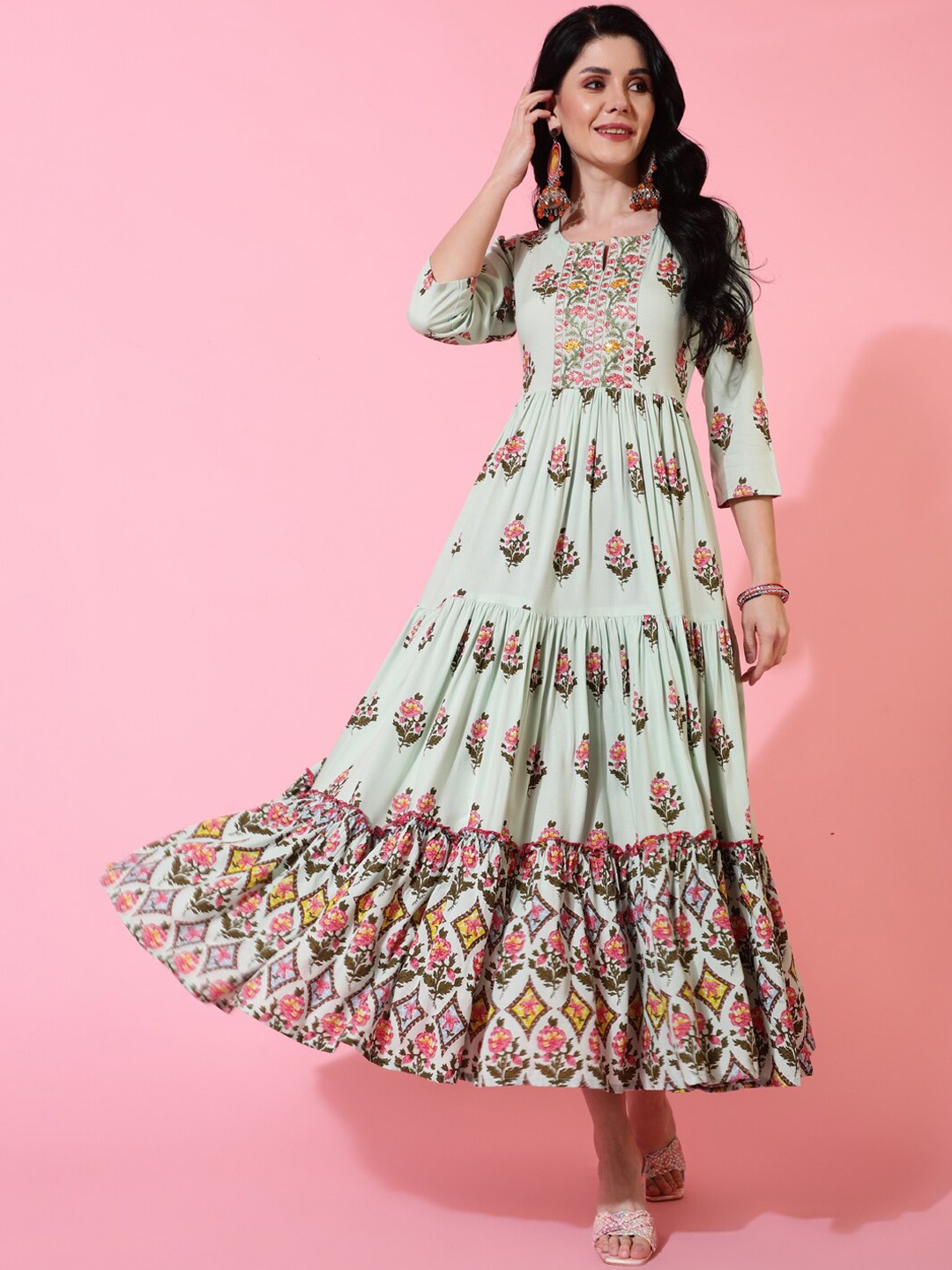 

GULMOHAR JAIPUR Floral Printed Round Neck Thread Work Anarkali Kurta, Green