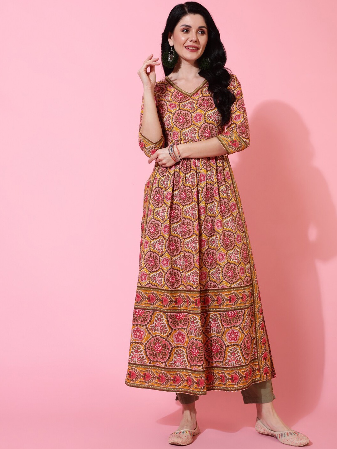 

GULMOHAR JAIPUR Ethnic Motifs Printed Cotton Anarkali Kurta, Mustard