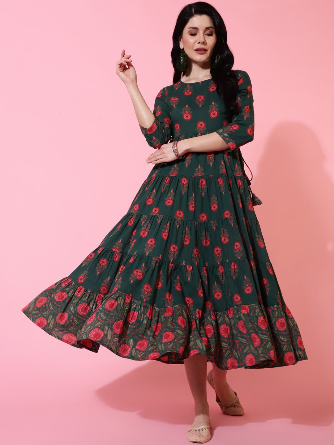 

GULMOHAR JAIPUR Floral Printed Round Neck Anarkali Kurta, Green