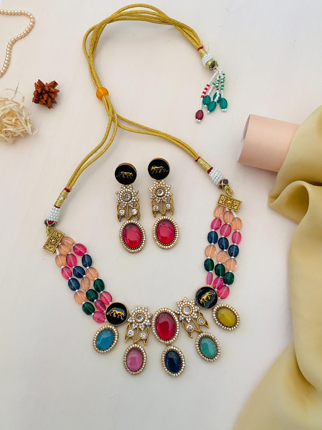 

ABDESIGNS Stone Studded Necklace and Earrings Set, Gold