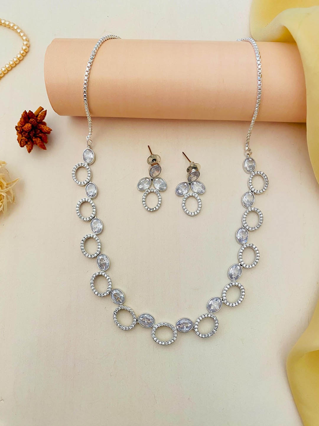 

ABDESIGNS Silver-Plated AD Studded Necklace and Earrings Set