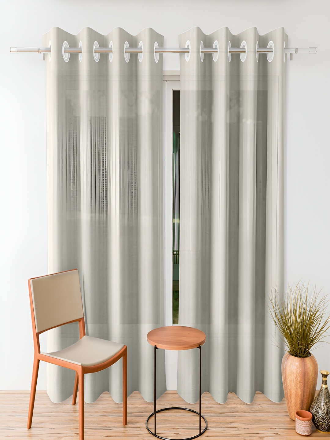 

Kuber Industries Cream-Coloured 2 Pieces Striped Eyelet Door Curtain