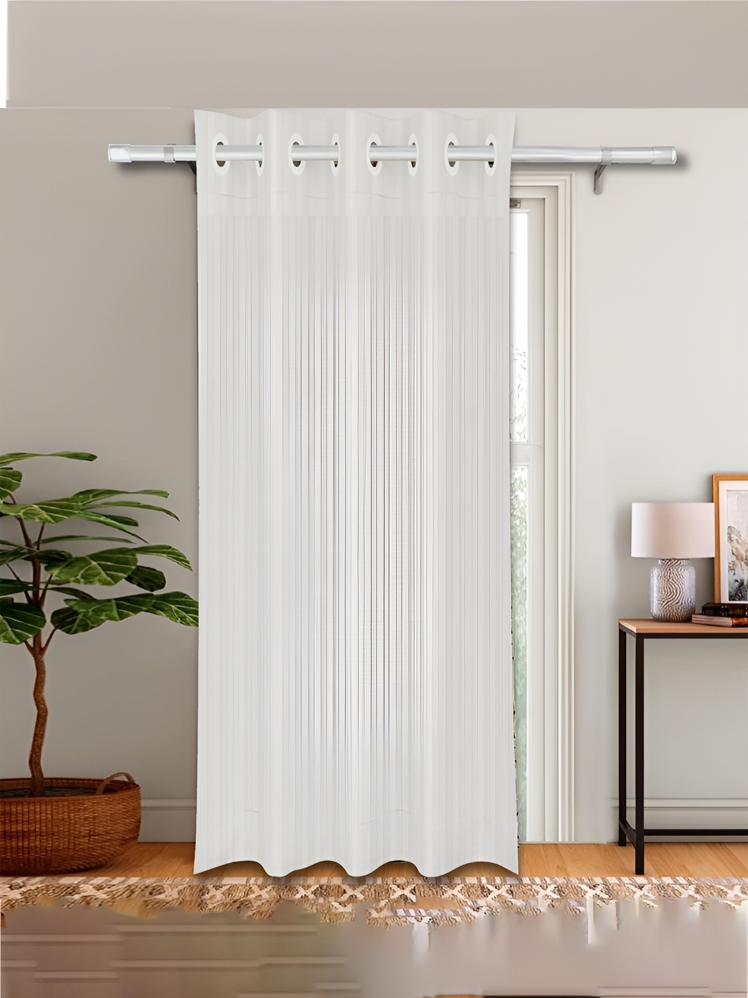 

Kuber Industries Cream-Coloured Striped Eyelet Door Curtain