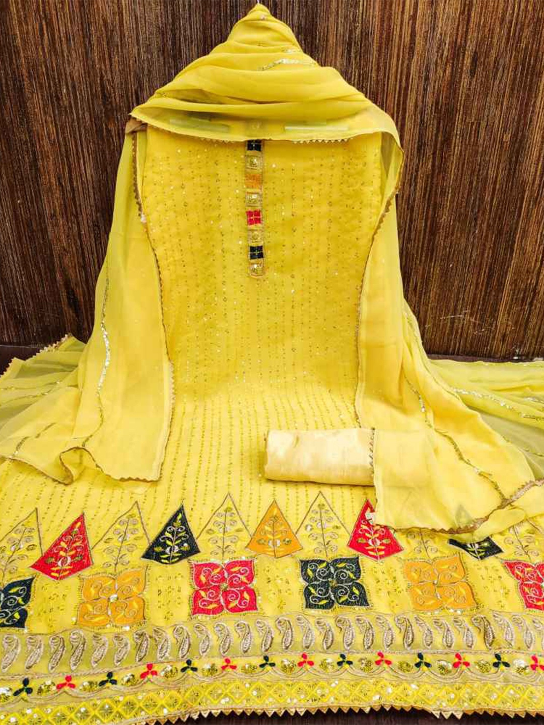 faxofab Embroidered Silk Chiffon Unstitched Dress Material, Yellow