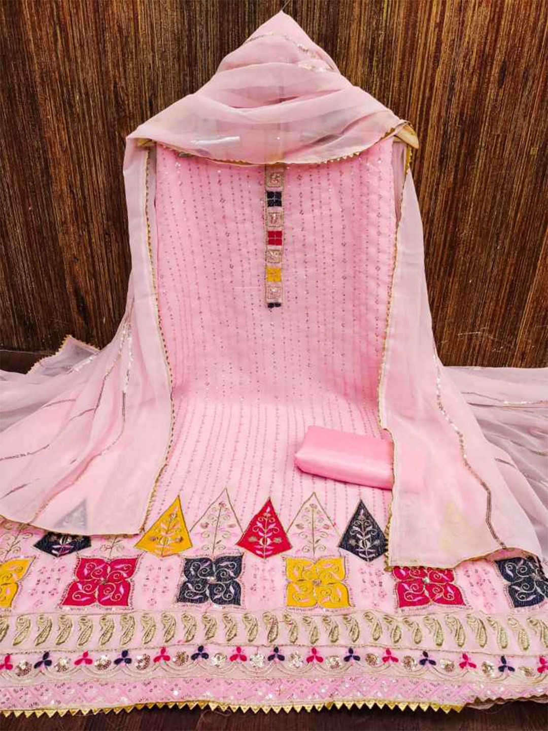 

faxofab Embroidered Silk Chiffon Unstitched Dress Material, Pink